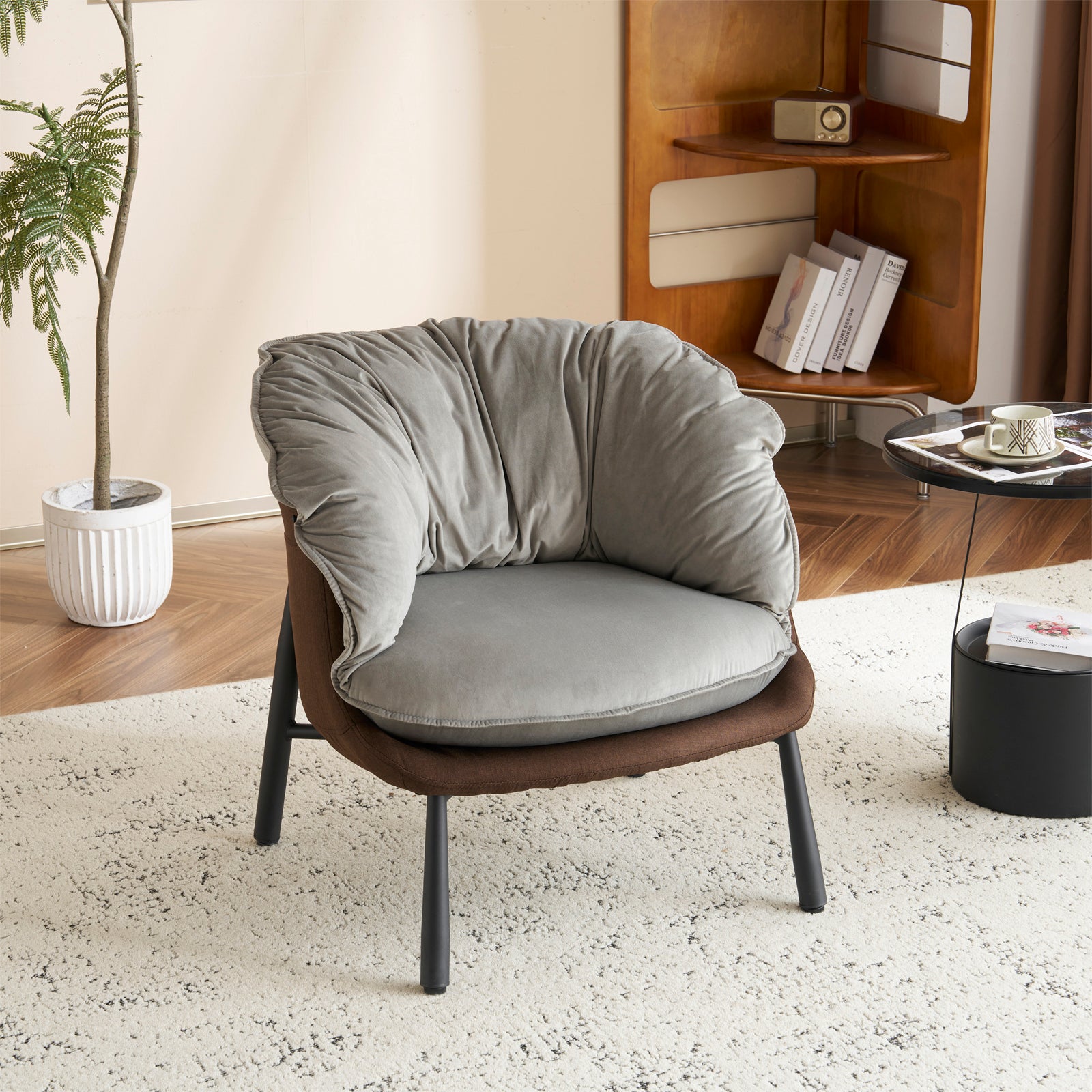 HAOYYE Velvet Accent Barrel Chair with Metal Legs, Modern Comfortable Armchair for Living Room Bedroom Study and Home Office, Stylish Upholstered Reading Chair, Soft Gray Finish