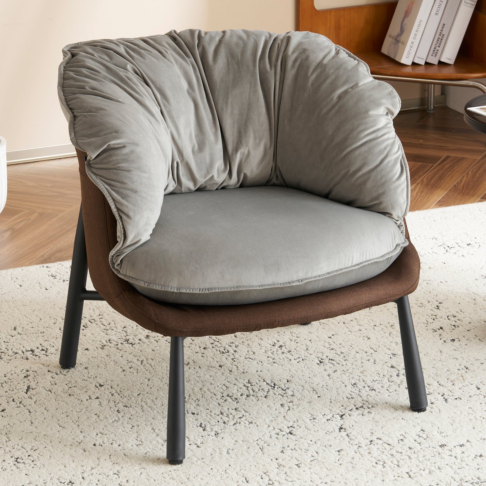 HAOYYE Velvet Accent Barrel Chair with Metal Legs, Modern Comfortable Armchair for Living Room Bedroom Study and Home Office, Stylish Upholstered Reading Chair, Soft Gray Finish