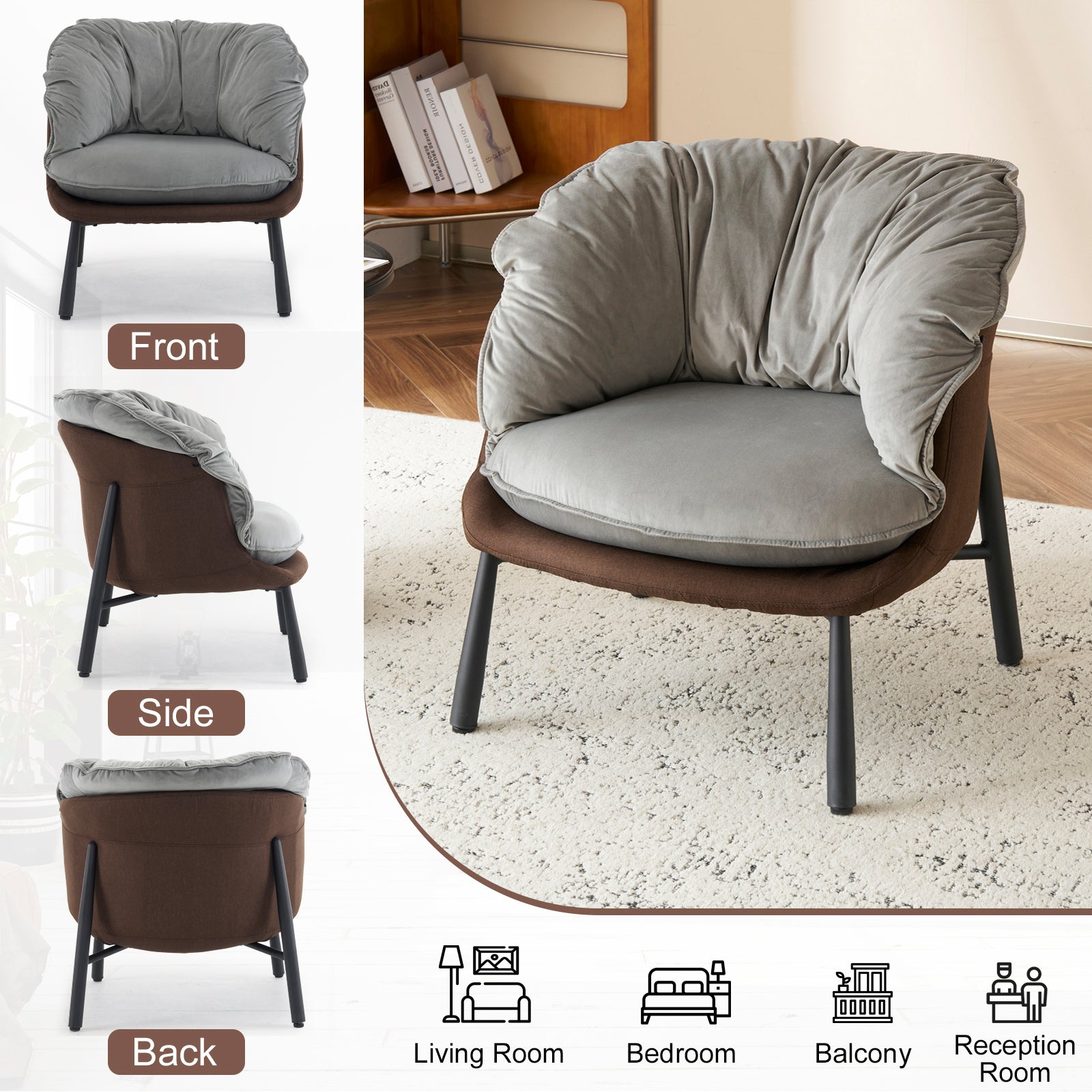 HAOYYE Velvet Accent Barrel Chair with Metal Legs, Modern Comfortable Armchair for Living Room Bedroom Study and Home Office, Stylish Upholstered Reading Chair, Soft Gray Finish