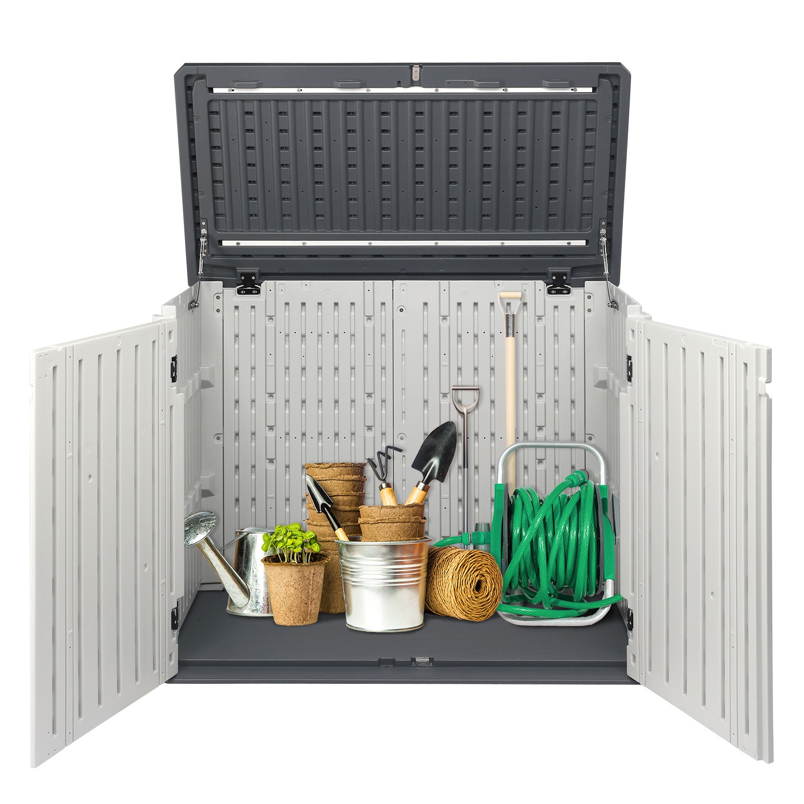 HAOYYE Outdoor Storage Shed Horizontal Lockable Cabinet Weatherproof Storage Box for Garbage Cans Lawn Mower Garden Tools Patio Equipment Backyard Organizer Gray and White