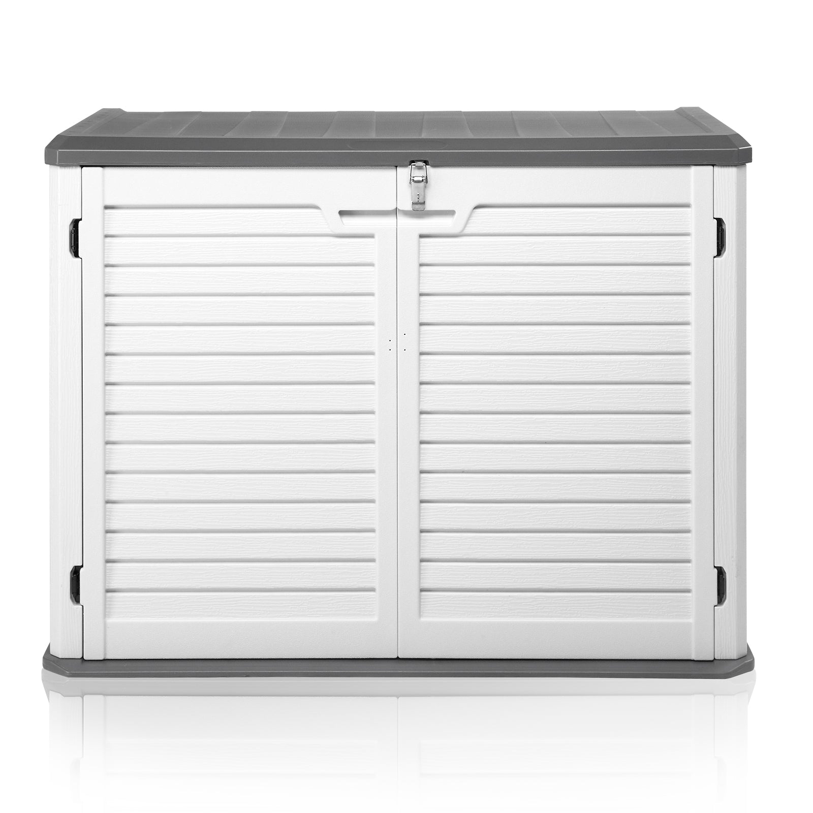 HAOYYE Outdoor Storage Shed Horizontal Lockable Cabinet Weatherproof Storage Box for Garbage Cans Lawn Mower Garden Tools Patio Equipment Backyard Organizer Gray and White