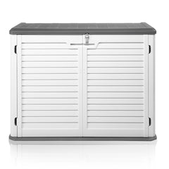 HAOYYE Outdoor Storage Shed Horizontal Lockable Cabinet Weatherproof Storage Box for Garbage Cans Lawn Mower Garden Tools Patio Equipment Backyard Organizer Gray and White