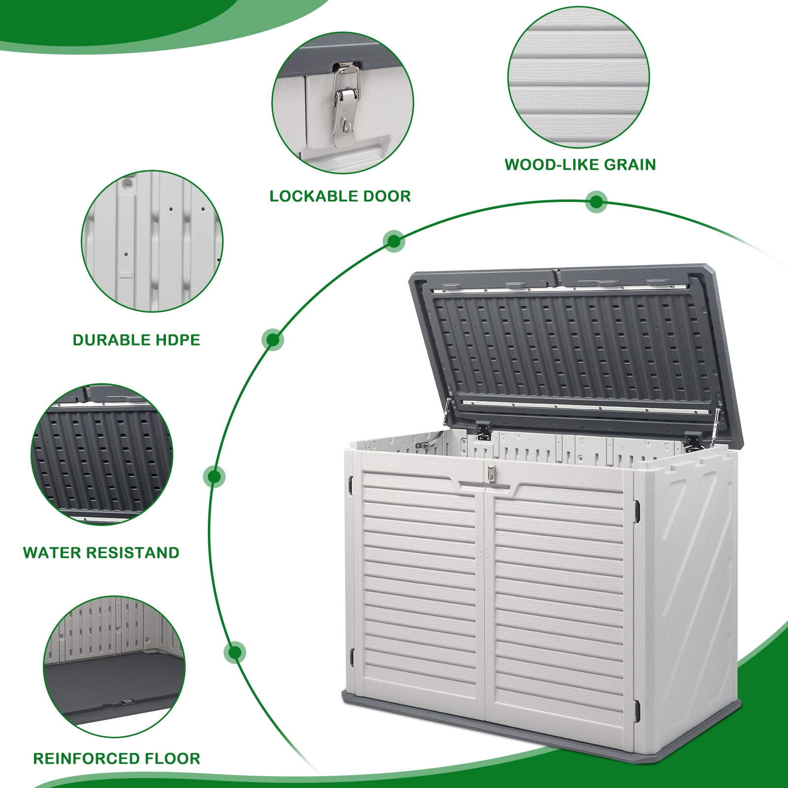 HAOYYE Outdoor Storage Shed Horizontal Lockable Cabinet Weatherproof Storage Box for Garbage Cans Lawn Mower Garden Tools Patio Equipment Backyard Organizer Gray and White