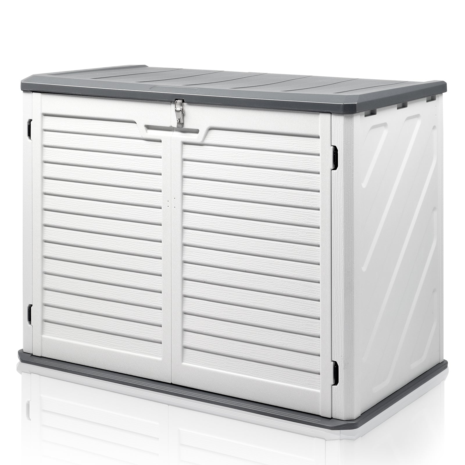HAOYYE Outdoor Storage Shed Horizontal Lockable Cabinet Weatherproof Storage Box for Garbage Cans Lawn Mower Garden Tools Patio Equipment Backyard Organizer Gray and White