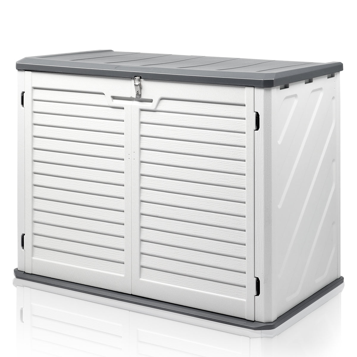 HAOYYE Outdoor Storage Shed Horizontal Lockable Cabinet Weatherproof Storage Box for Garbage Cans Lawn Mower Garden Tools Patio Equipment Backyard Organizer Gray and White