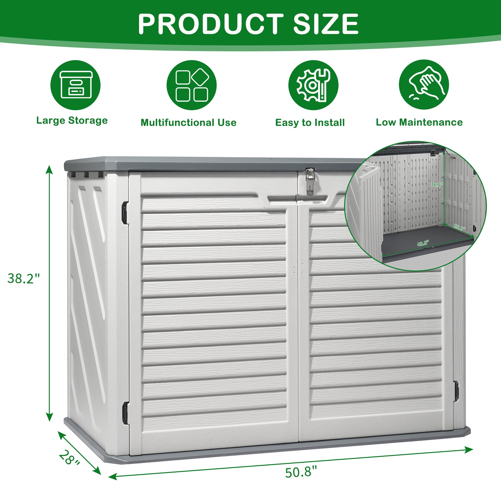 HAOYYE Outdoor Storage Shed Horizontal Lockable Cabinet Weatherproof Storage Box for Garbage Cans Lawn Mower Garden Tools Patio Equipment Backyard Organizer Gray and White