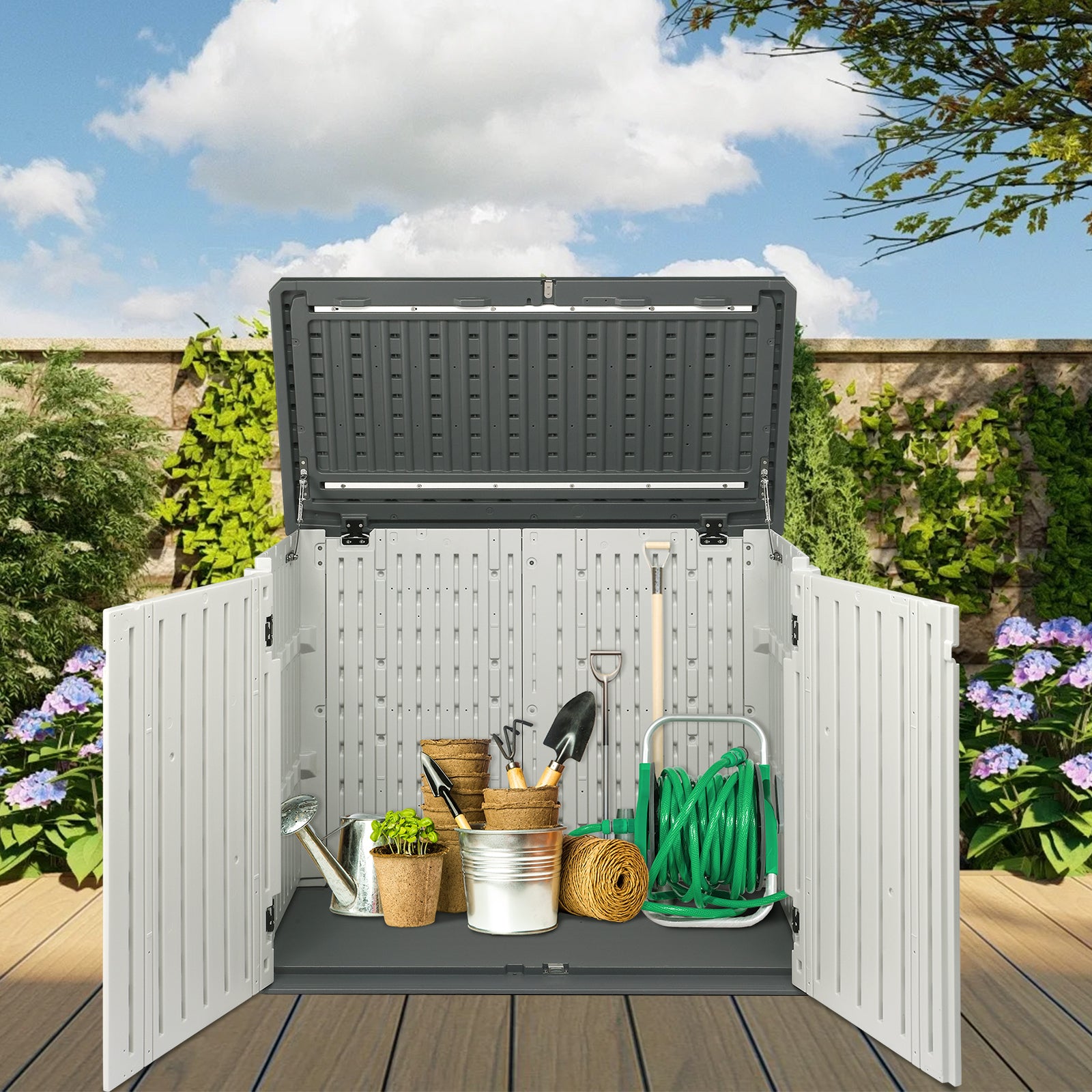 HAOYYE Outdoor Storage Shed Horizontal Lockable Cabinet Weatherproof Storage Box for Garbage Cans Lawn Mower Garden Tools Patio Equipment Backyard Organizer Gray and White