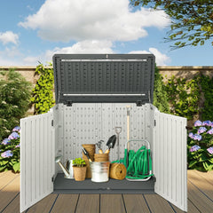HAOYYE Outdoor Storage Shed Horizontal Lockable Cabinet Weatherproof Storage Box for Garbage Cans Lawn Mower Garden Tools Patio Equipment Backyard Organizer Gray and White