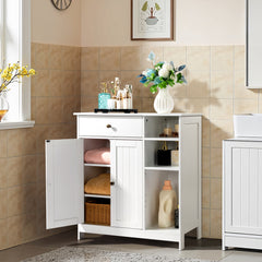 HAOYYE White Double Door Bathroom Storage Cabinet with Adjustable Shelves Drawer and Open Side Racks Modern Freestanding Organizer for Bathroom Living Room or Entryway