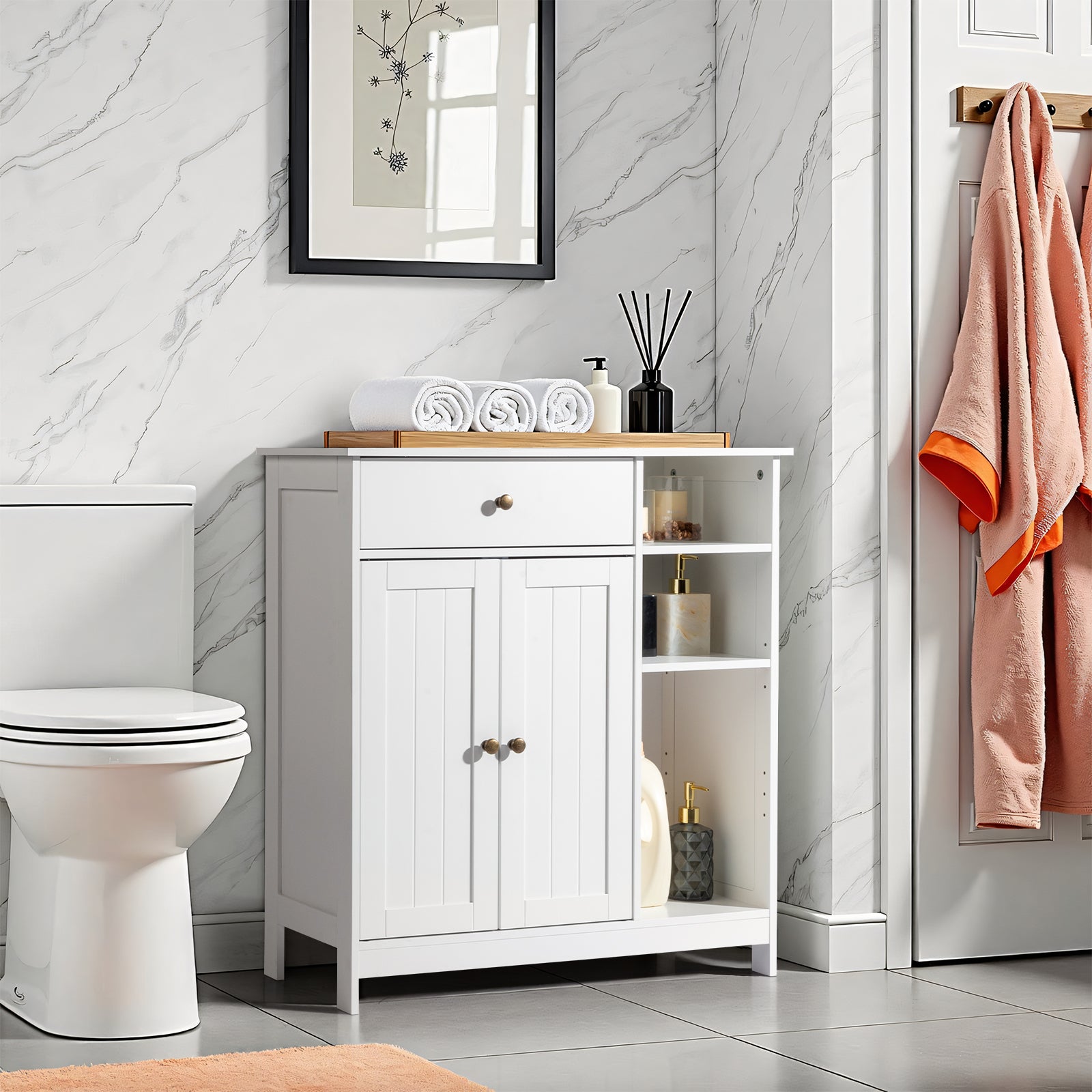 HAOYYE White Double Door Bathroom Storage Cabinet with Adjustable Shelves Drawer and Open Side Racks Modern Freestanding Organizer for Bathroom Living Room or Entryway