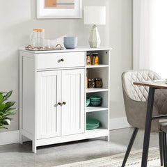 HAOYYE White Double Door Bathroom Storage Cabinet with Adjustable Shelves Drawer and Open Side Racks Modern Freestanding Organizer for Bathroom Living Room or Entryway