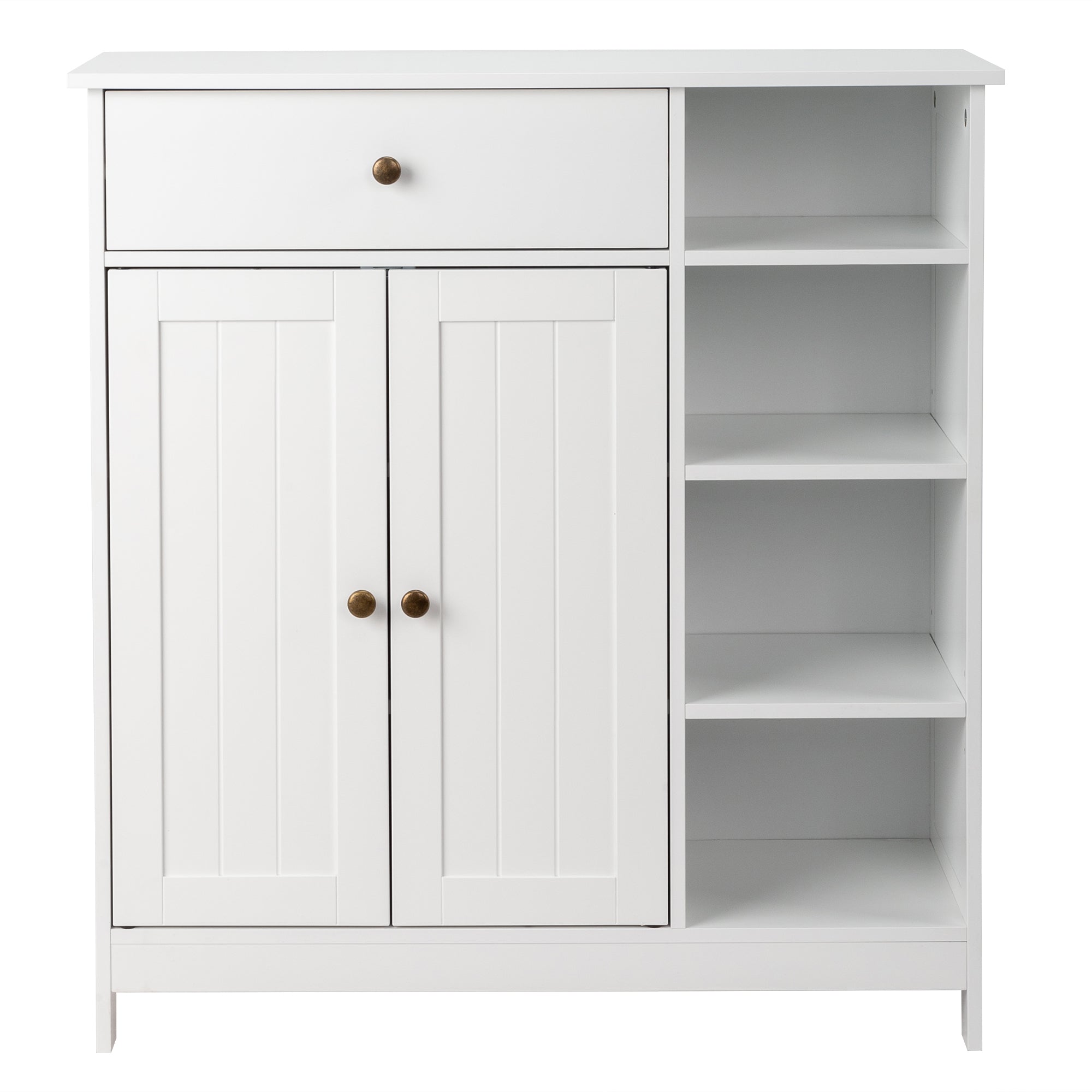 HAOYYE White Double Door Bathroom Storage Cabinet with Adjustable Shelves Drawer and Open Side Racks Modern Freestanding Organizer for Bathroom Living Room or Entryway