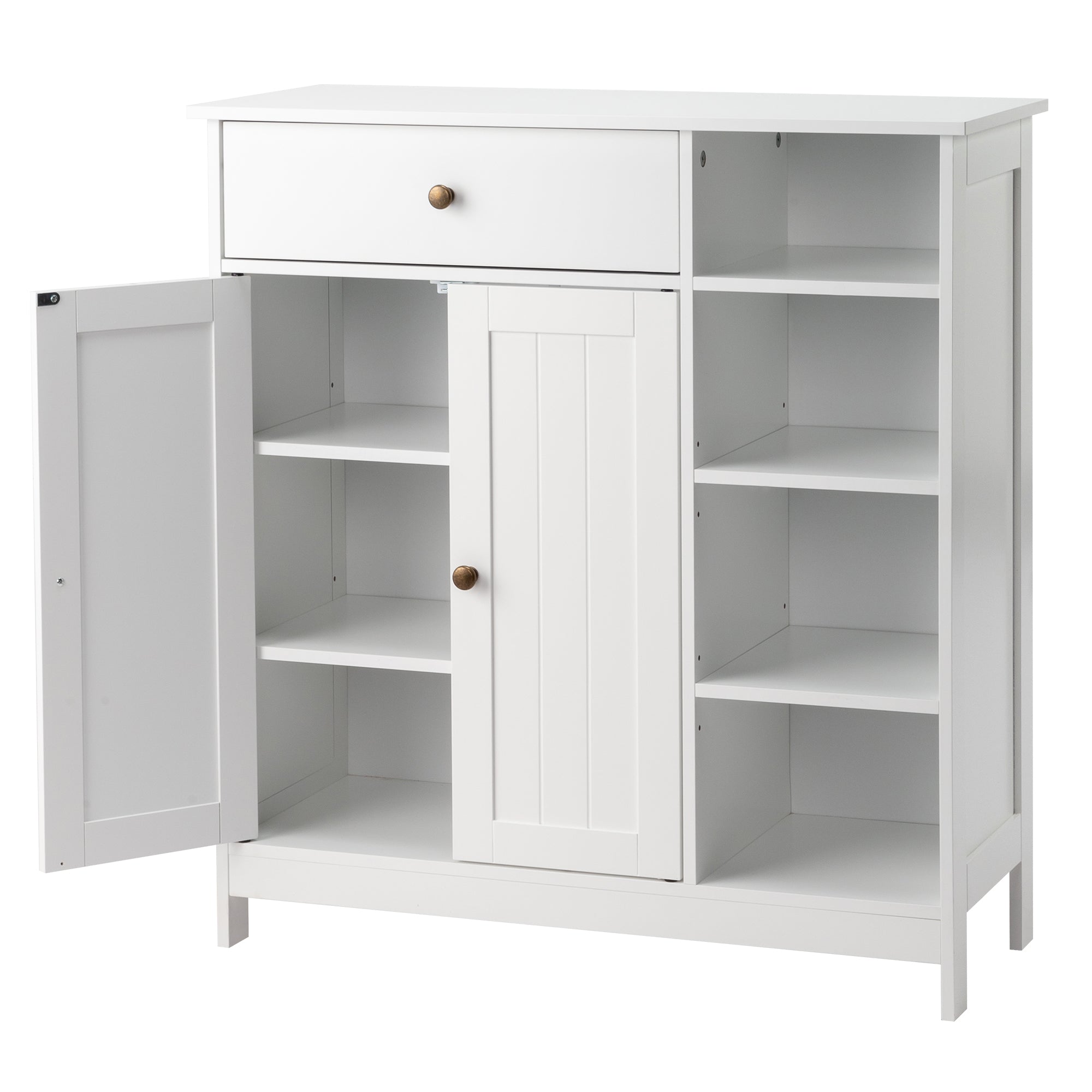 HAOYYE White Double Door Bathroom Storage Cabinet with Adjustable Shelves Drawer and Open Side Racks Modern Freestanding Organizer for Bathroom Living Room or Entryway