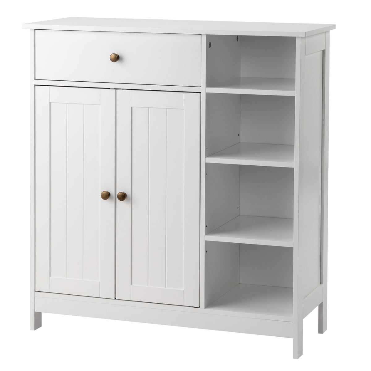 HAOYYE White Double Door Bathroom Storage Cabinet with Adjustable Shelves Drawer and Open Side Racks Modern Freestanding Organizer for Bathroom Living Room or Entryway