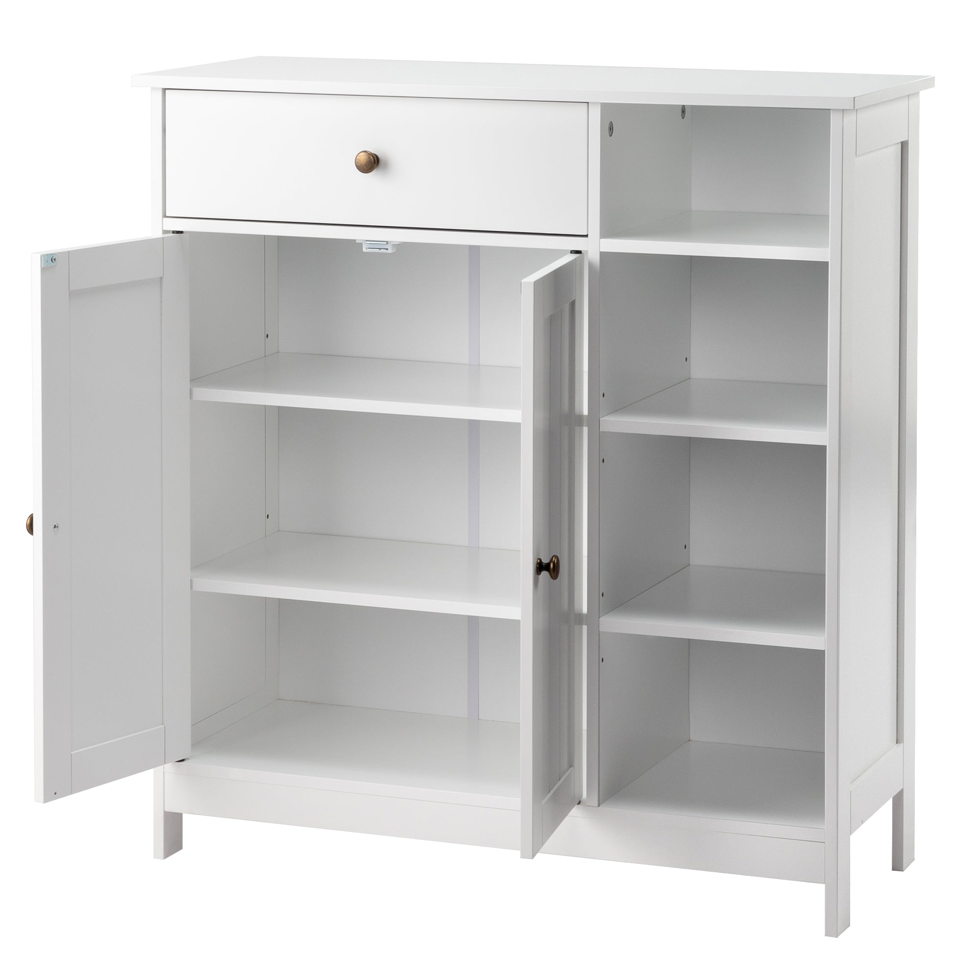 HAOYYE White Double Door Bathroom Storage Cabinet with Adjustable Shelves Drawer and Open Side Racks Modern Freestanding Organizer for Bathroom Living Room or Entryway