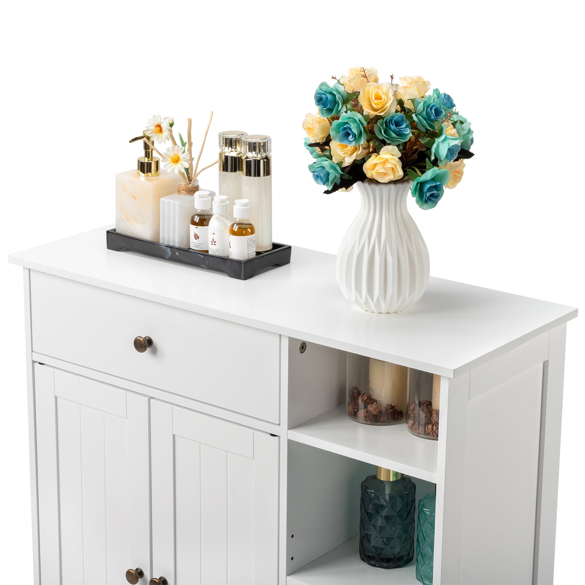 HAOYYE White Double Door Bathroom Storage Cabinet with Adjustable Shelves Drawer and Open Side Racks Modern Freestanding Organizer for Bathroom Living Room or Entryway