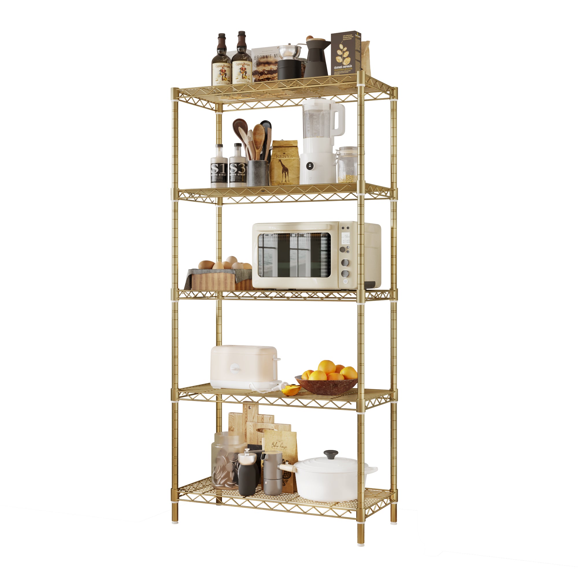 HAOYYE 5-Tier Metal Display Stand with Adjustable Shelves, High-Gloss Gold, Sturdy Storage Rack with Adjustable Feet, Modern Open Shelf Organizer for Living Room, Office, or Retail Display, Space-Saving Design