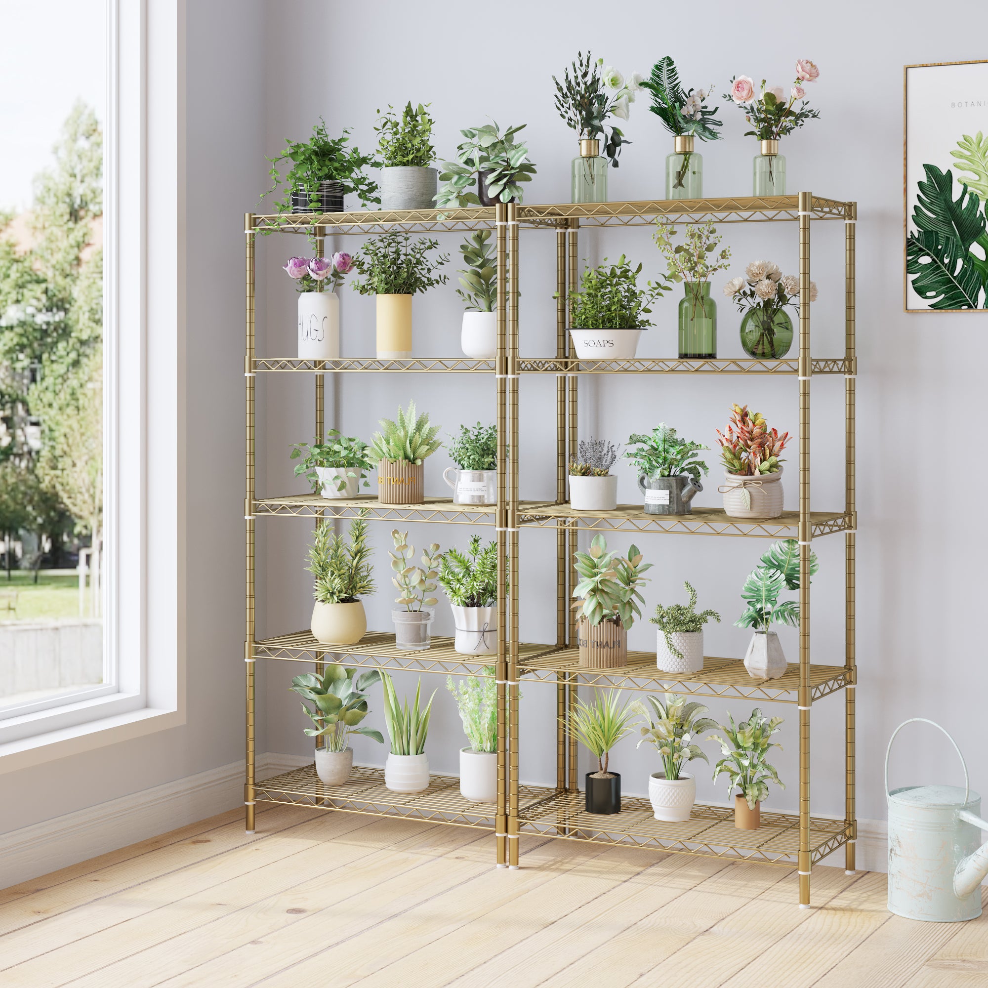 HAOYYE 5-Tier Metal Display Stand with Adjustable Shelves, High-Gloss Gold, Sturdy Storage Rack with Adjustable Feet, Modern Open Shelf Organizer for Living Room, Office, or Retail Display, Space-Saving Design