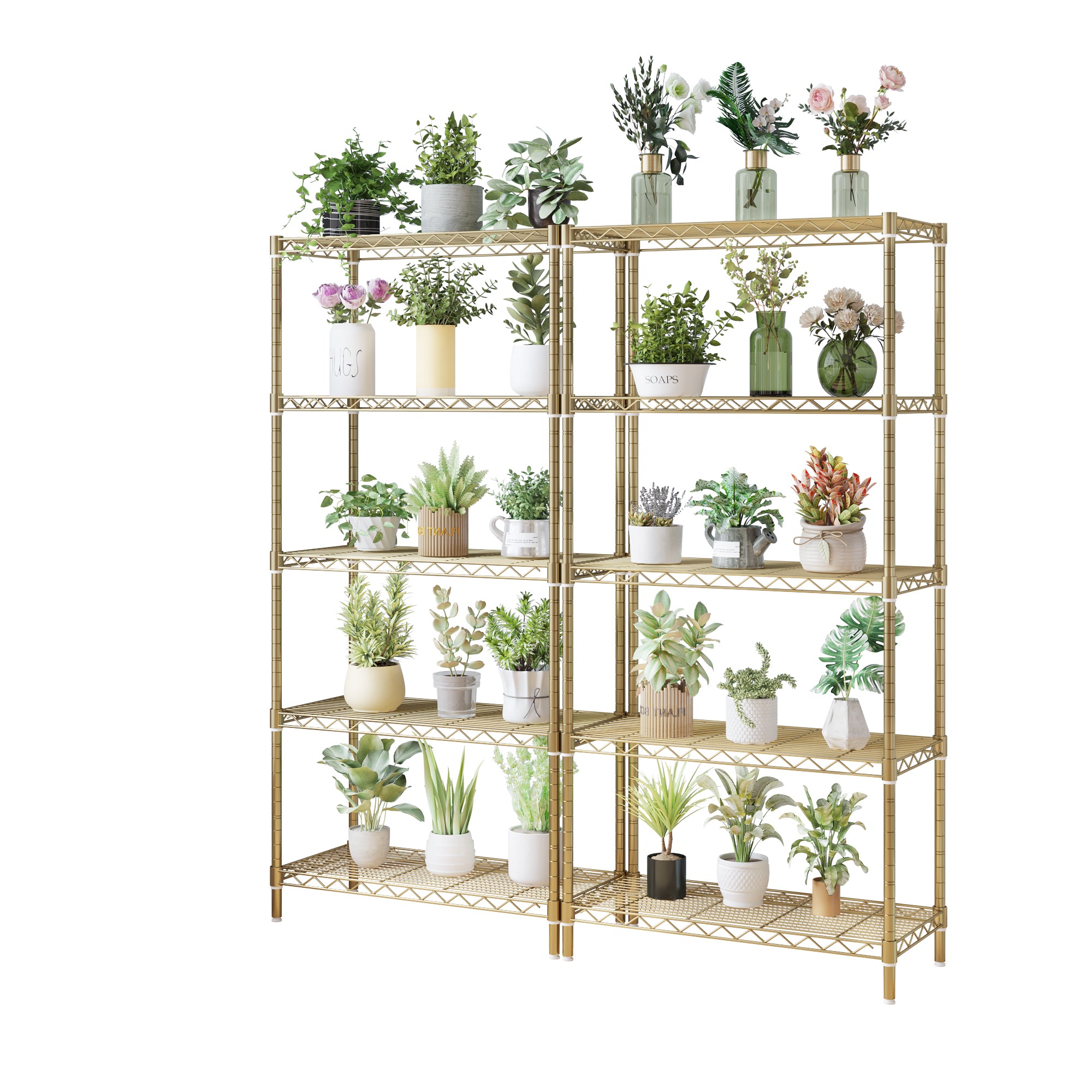 HAOYYE 5-Tier Metal Display Stand with Adjustable Shelves, High-Gloss Gold, Sturdy Storage Rack with Adjustable Feet, Modern Open Shelf Organizer for Living Room, Office, or Retail Display, Space-Saving Design