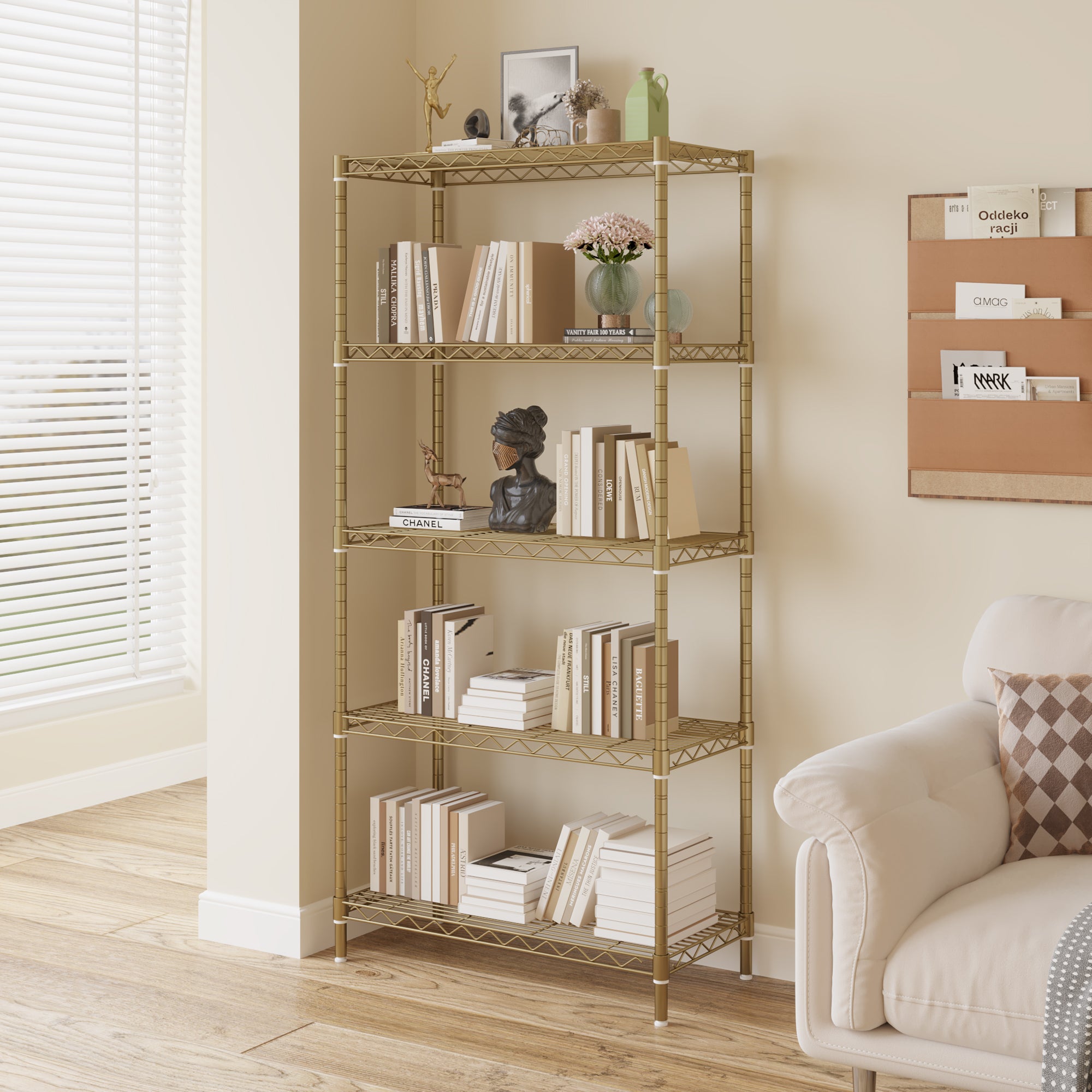 HAOYYE 5-Tier Metal Display Stand with Adjustable Shelves, High-Gloss Gold, Sturdy Storage Rack with Adjustable Feet, Modern Open Shelf Organizer for Living Room, Office, or Retail Display, Space-Saving Design