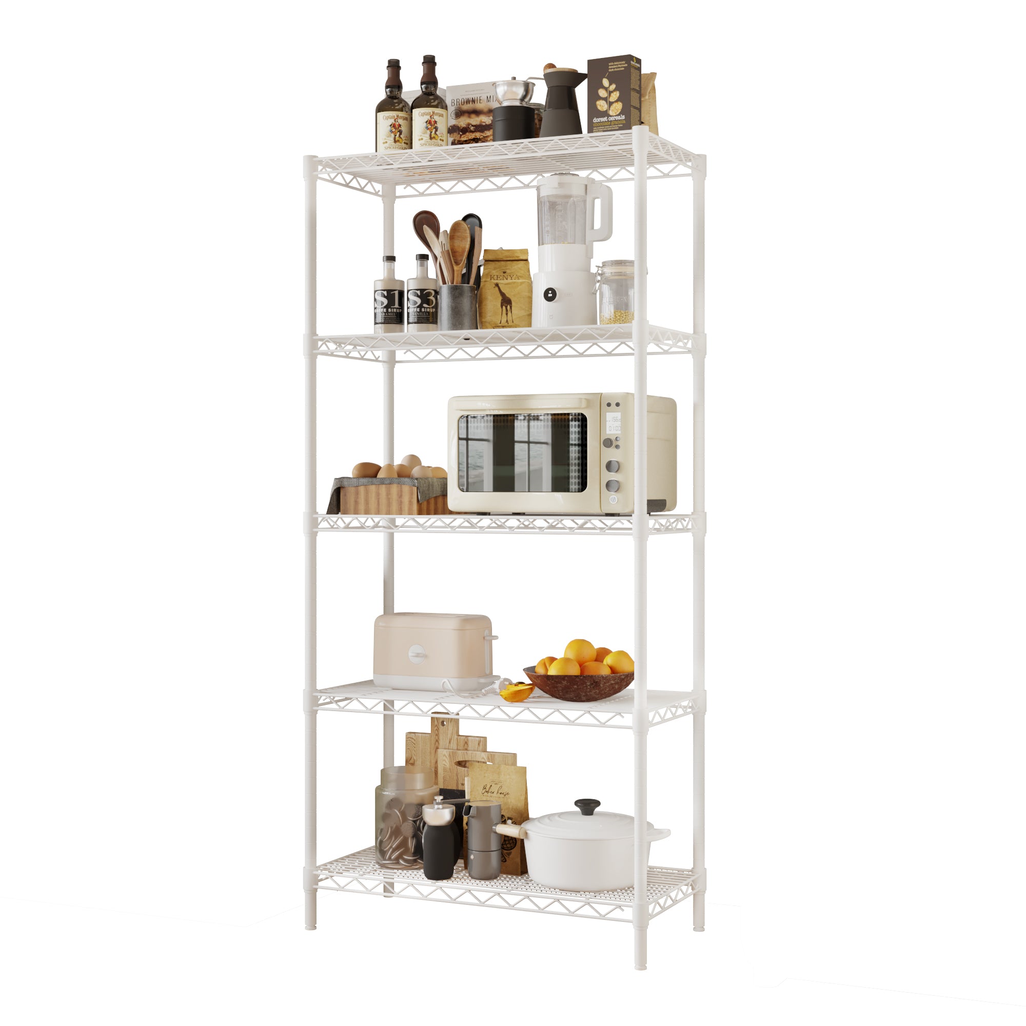 HAOYYE 5-Tier Metal Display Stand with Adjustable Shelves, High-Gloss White, Sturdy Storage Rack with Adjustable Feet, Modern Open Shelf Organizer for Living Room, Office, or Retail Display, Space-Saving Design