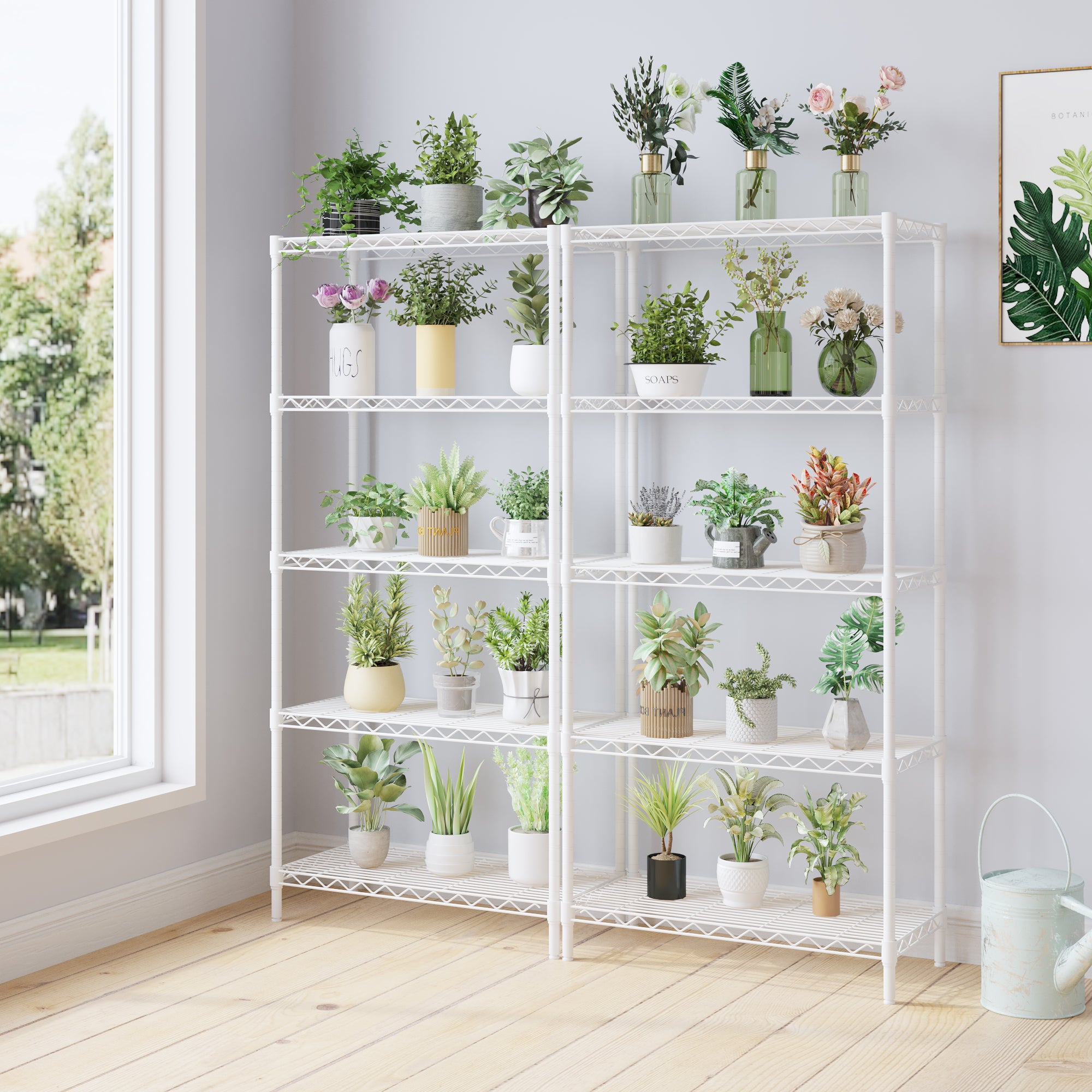 HAOYYE 5-Tier Metal Display Stand with Adjustable Shelves, High-Gloss White, Sturdy Storage Rack with Adjustable Feet, Modern Open Shelf Organizer for Living Room, Office, or Retail Display, Space-Saving Design