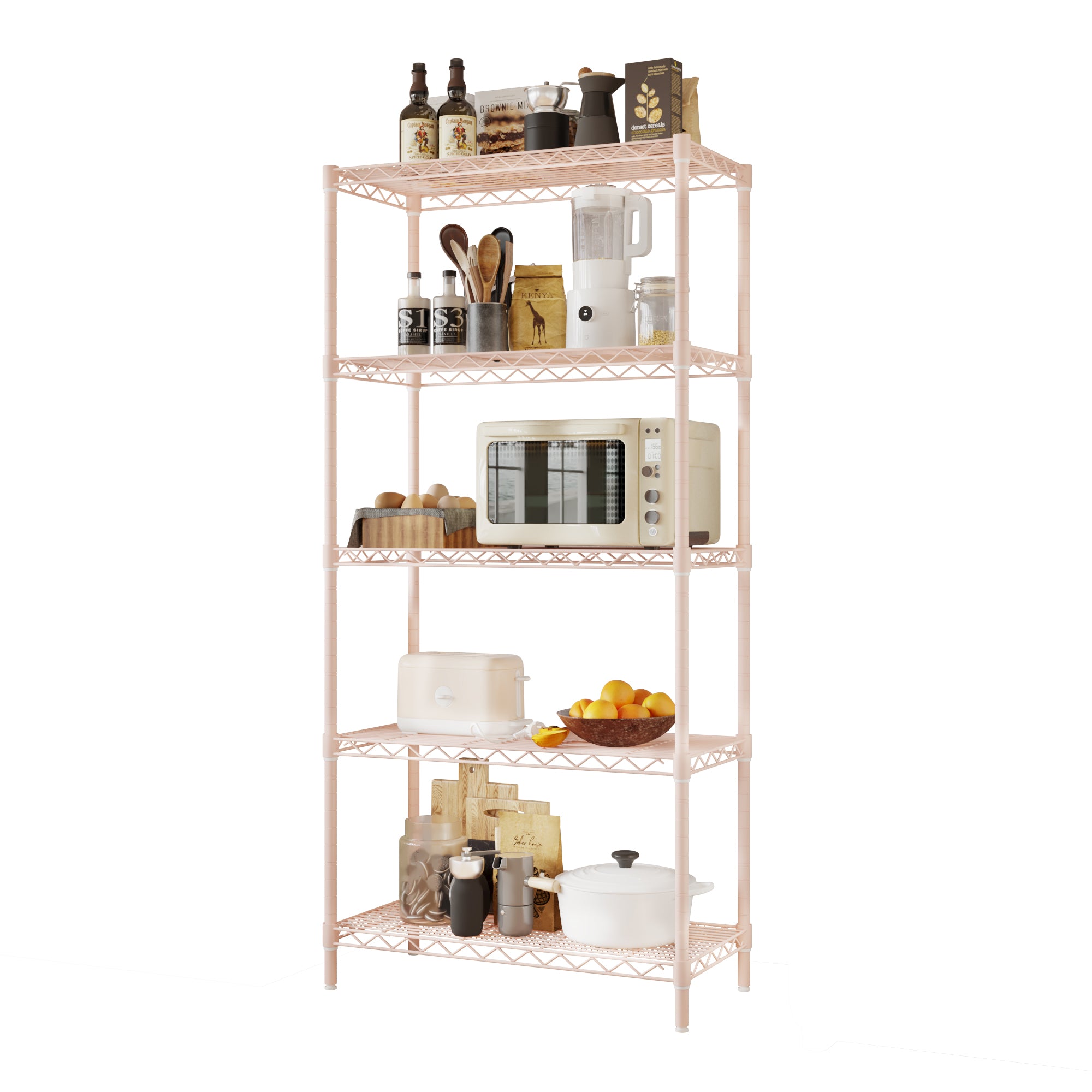 HAOYYE 5-Tier Metal Display Stand with Adjustable Shelves, High-Gloss Pink, Sturdy Storage Rack with Adjustable Feet, Modern Open Shelf Organizer for Living Room, Office, or Retail Display, Space-Saving Design