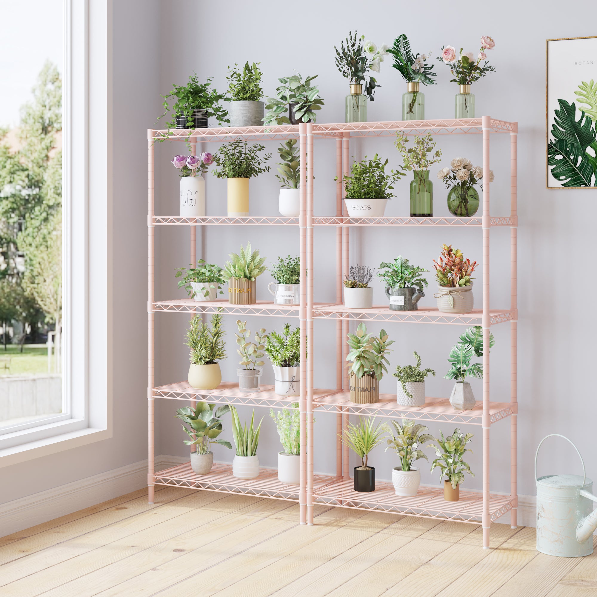 HAOYYE 5-Tier Metal Display Stand with Adjustable Shelves, High-Gloss Pink, Sturdy Storage Rack with Adjustable Feet, Modern Open Shelf Organizer for Living Room, Office, or Retail Display, Space-Saving Design