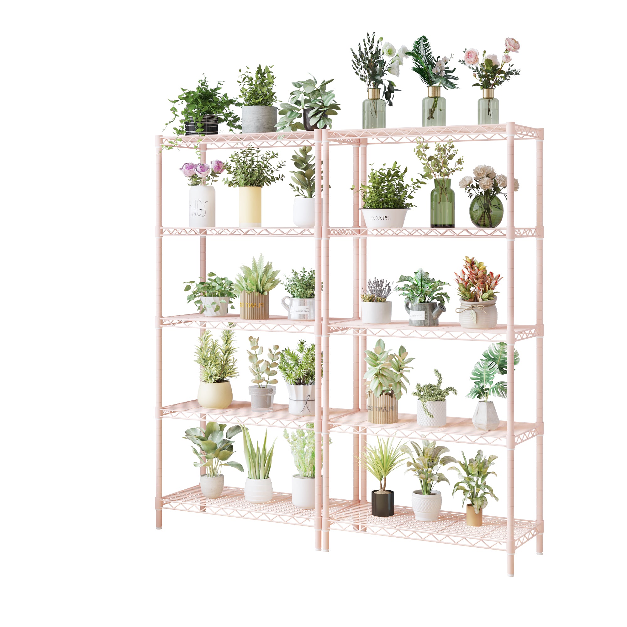 HAOYYE 5-Tier Metal Display Stand with Adjustable Shelves, High-Gloss Pink, Sturdy Storage Rack with Adjustable Feet, Modern Open Shelf Organizer for Living Room, Office, or Retail Display, Space-Saving Design