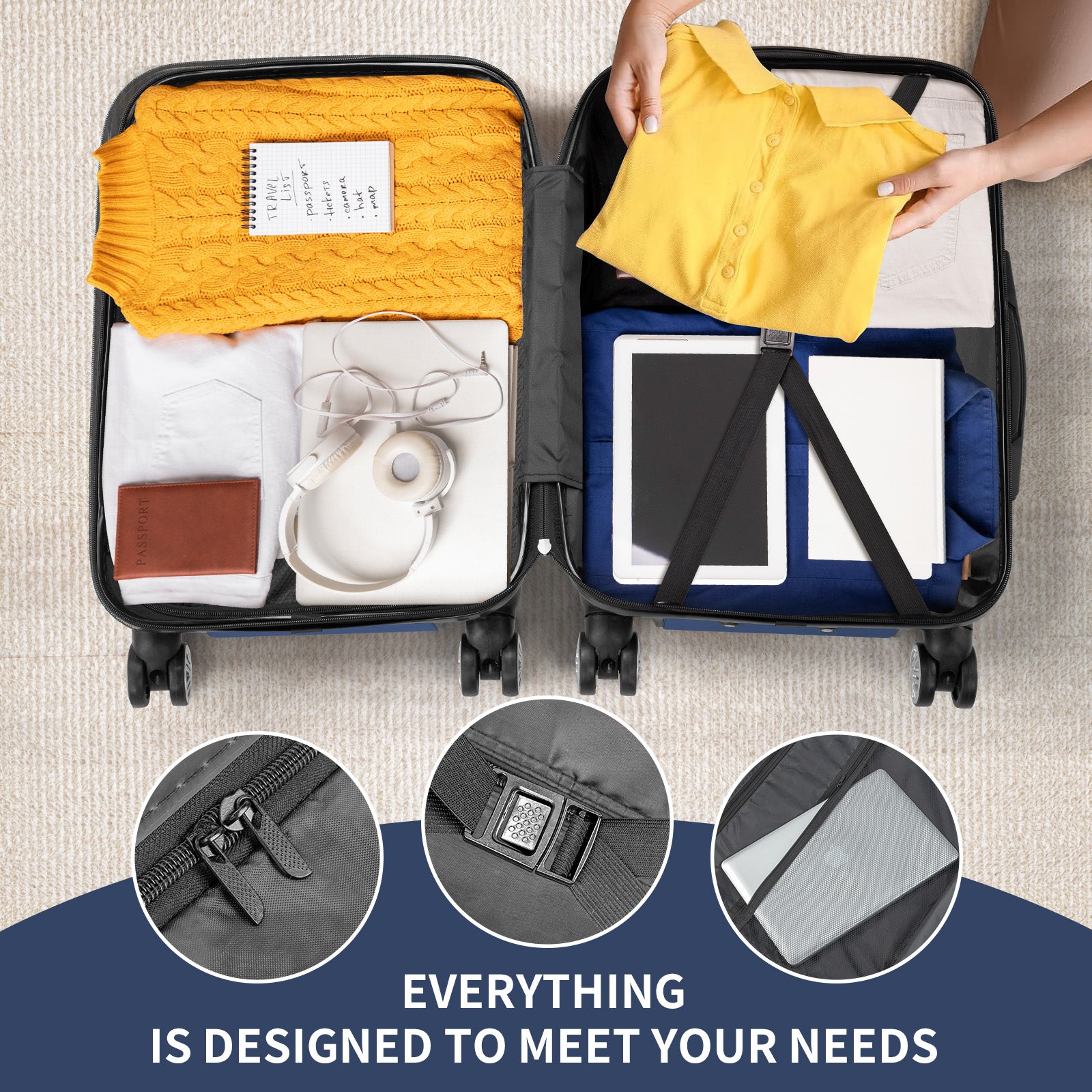 HAOYYE Luggage Set of 3, Hardside ABS+PC Spinner Suitcase with TSA Lock, Lightweight Trolley Travel Case for Carry On and Check-In, Perfect for Business Trips and Travel