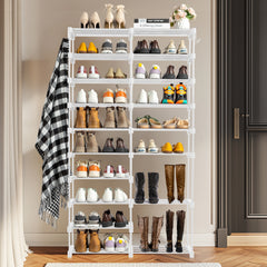 HAOYYE Double-Row 10-Tier Shoe Rack, Non-Woven Fabric Shelves with Sturdy Iron Pipe Frame, White, Space-Saving Shoe Storage Organizer with PP Pads for Stability, Ideal for Entryway, Closet, and Bedroom