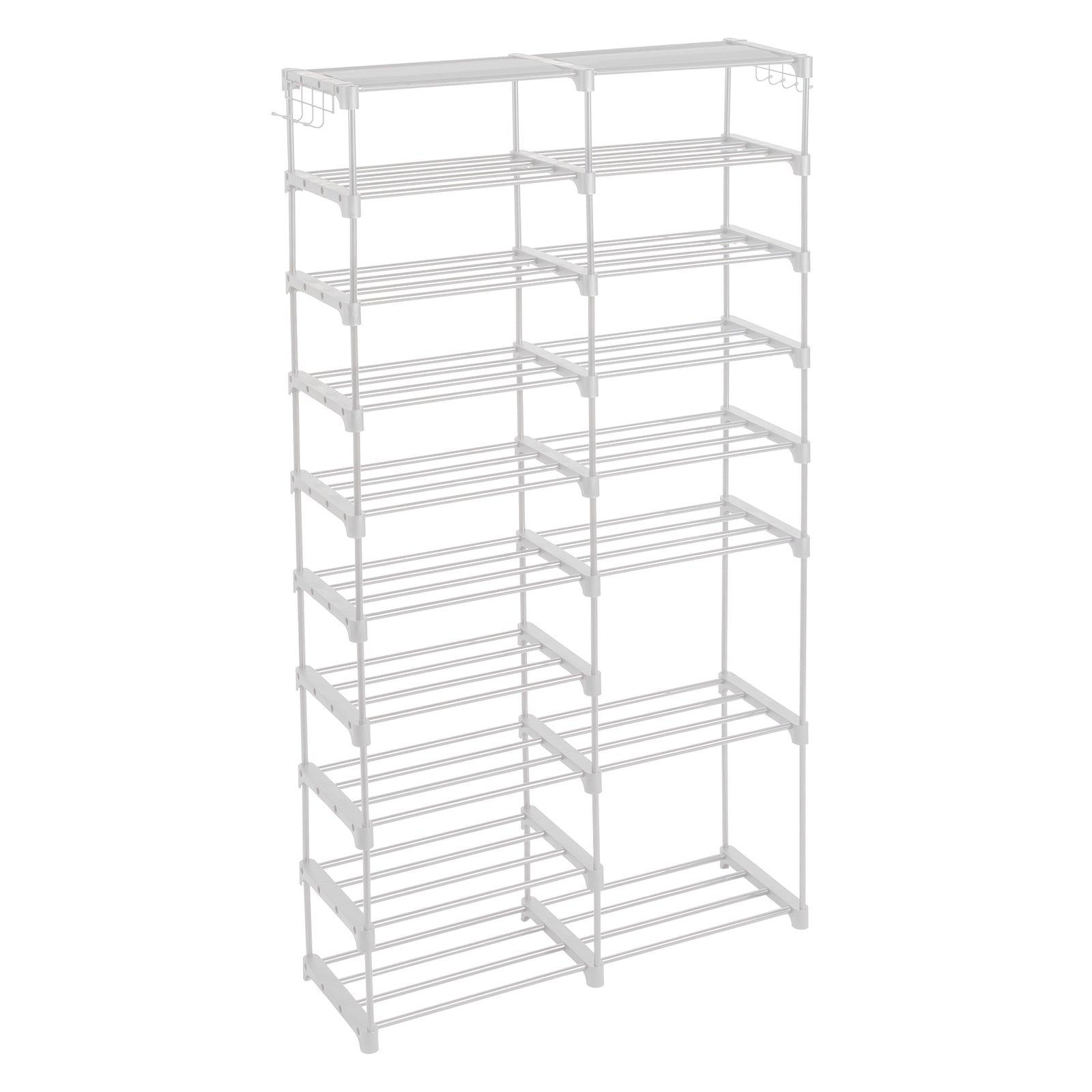HAOYYE Double-Row 10-Tier Shoe Rack, Non-Woven Fabric Shelves with Sturdy Iron Pipe Frame, White, Space-Saving Shoe Storage Organizer with PP Pads for Stability, Ideal for Entryway, Closet, and Bedroom