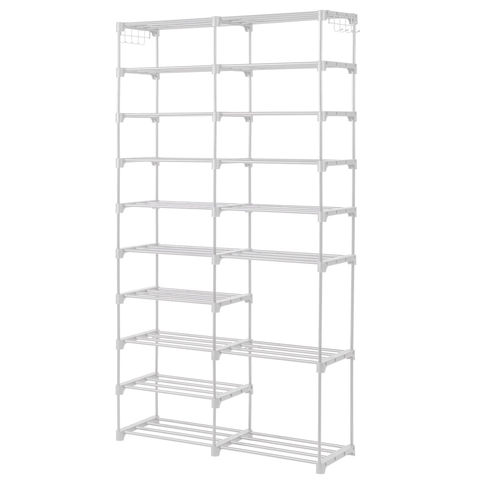 HAOYYE Double-Row 10-Tier Shoe Rack, Non-Woven Fabric Shelves with Sturdy Iron Pipe Frame, White, Space-Saving Shoe Storage Organizer with PP Pads for Stability, Ideal for Entryway, Closet, and Bedroom