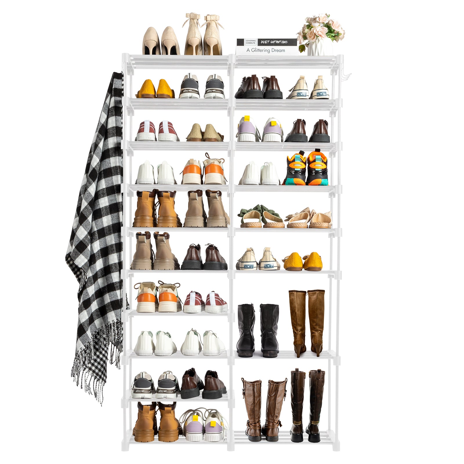 HAOYYE Double-Row 10-Tier Shoe Rack, Non-Woven Fabric Shelves with Sturdy Iron Pipe Frame, White, Space-Saving Shoe Storage Organizer with PP Pads for Stability, Ideal for Entryway, Closet, and Bedroom