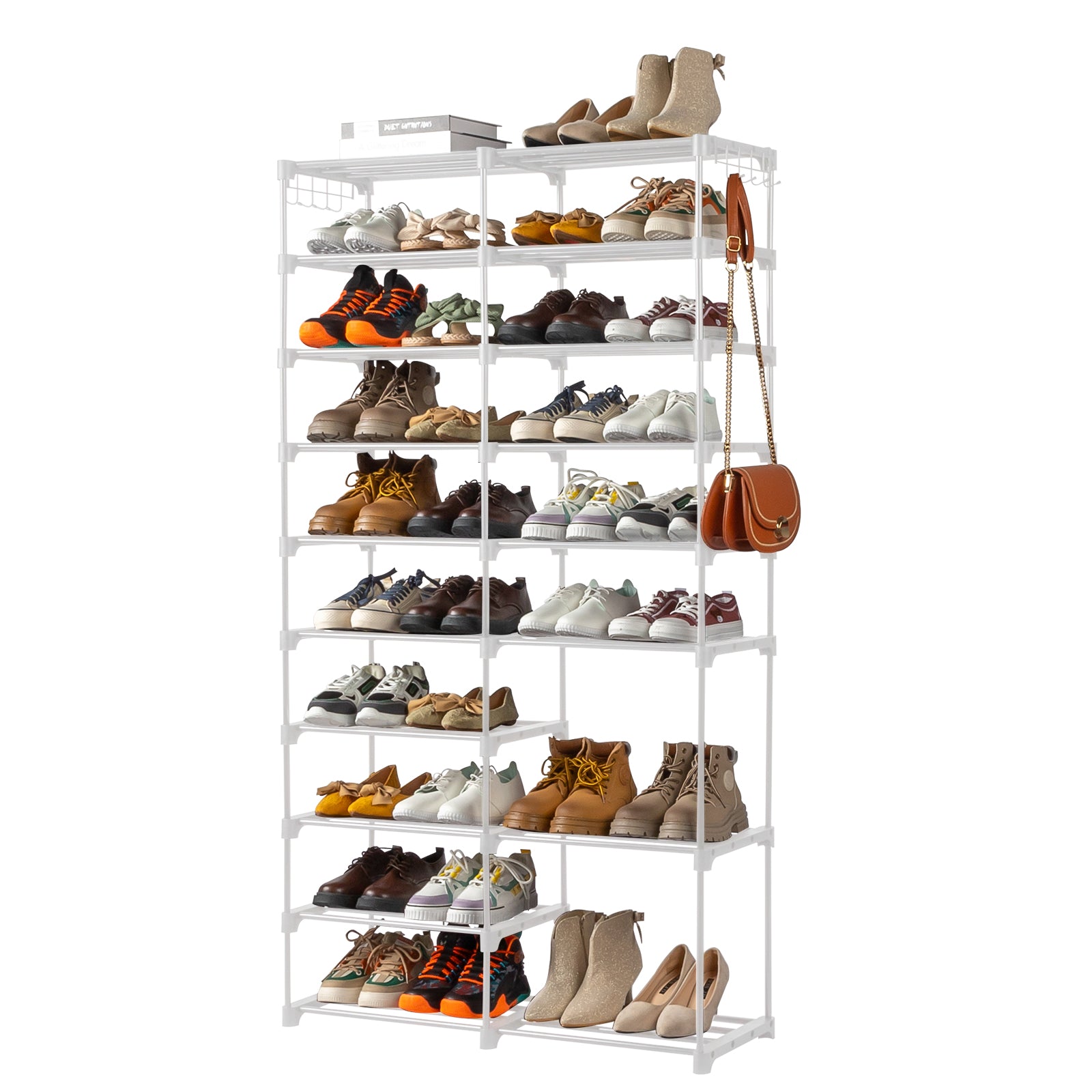 HAOYYE Double-Row 10-Tier Shoe Rack, Non-Woven Fabric Shelves with Sturdy Iron Pipe Frame, White, Space-Saving Shoe Storage Organizer with PP Pads for Stability, Ideal for Entryway, Closet, and Bedroom