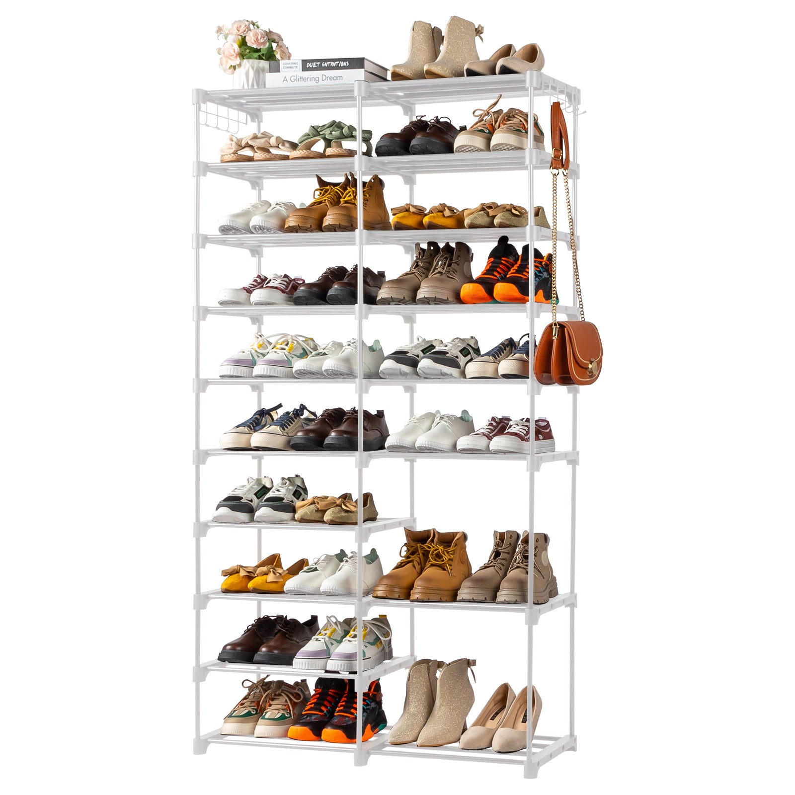 HAOYYE Double-Row 10-Tier Shoe Rack, Non-Woven Fabric Shelves with Sturdy Iron Pipe Frame, White, Space-Saving Shoe Storage Organizer with PP Pads for Stability, Ideal for Entryway, Closet, and Bedroom