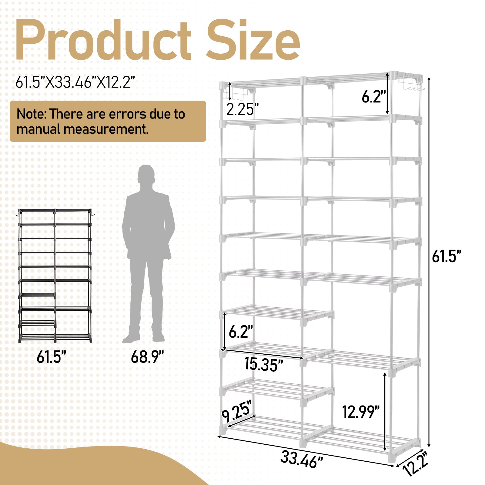 HAOYYE Double-Row 10-Tier Shoe Rack, Non-Woven Fabric Shelves with Sturdy Iron Pipe Frame, White, Space-Saving Shoe Storage Organizer with PP Pads for Stability, Ideal for Entryway, Closet, and Bedroom