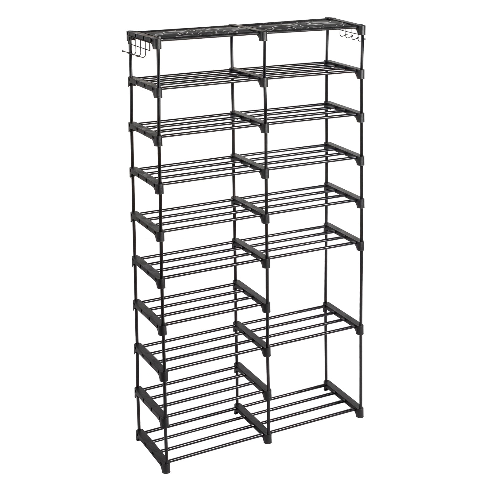 HAOYYE Double-Row 10-Tier Shoe Rack, Non-Woven Fabric Shelves with Sturdy Iron Pipe Frame, Black, Space-Saving Shoe Storage Organizer with PP Pads for Stability, Ideal for Entryway, Closet, and Bedroom