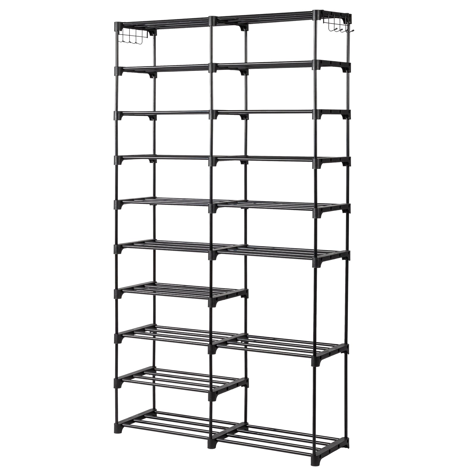 HAOYYE Double-Row 10-Tier Shoe Rack, Non-Woven Fabric Shelves with Sturdy Iron Pipe Frame, Black, Space-Saving Shoe Storage Organizer with PP Pads for Stability, Ideal for Entryway, Closet, and Bedroom
