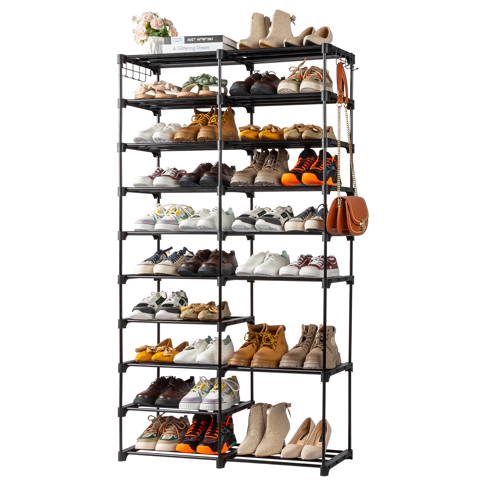 HAOYYE Double-Row 10-Tier Shoe Rack, Non-Woven Fabric Shelves with Sturdy Iron Pipe Frame, Black, Space-Saving Shoe Storage Organizer with PP Pads for Stability, Ideal for Entryway, Closet, and Bedroom