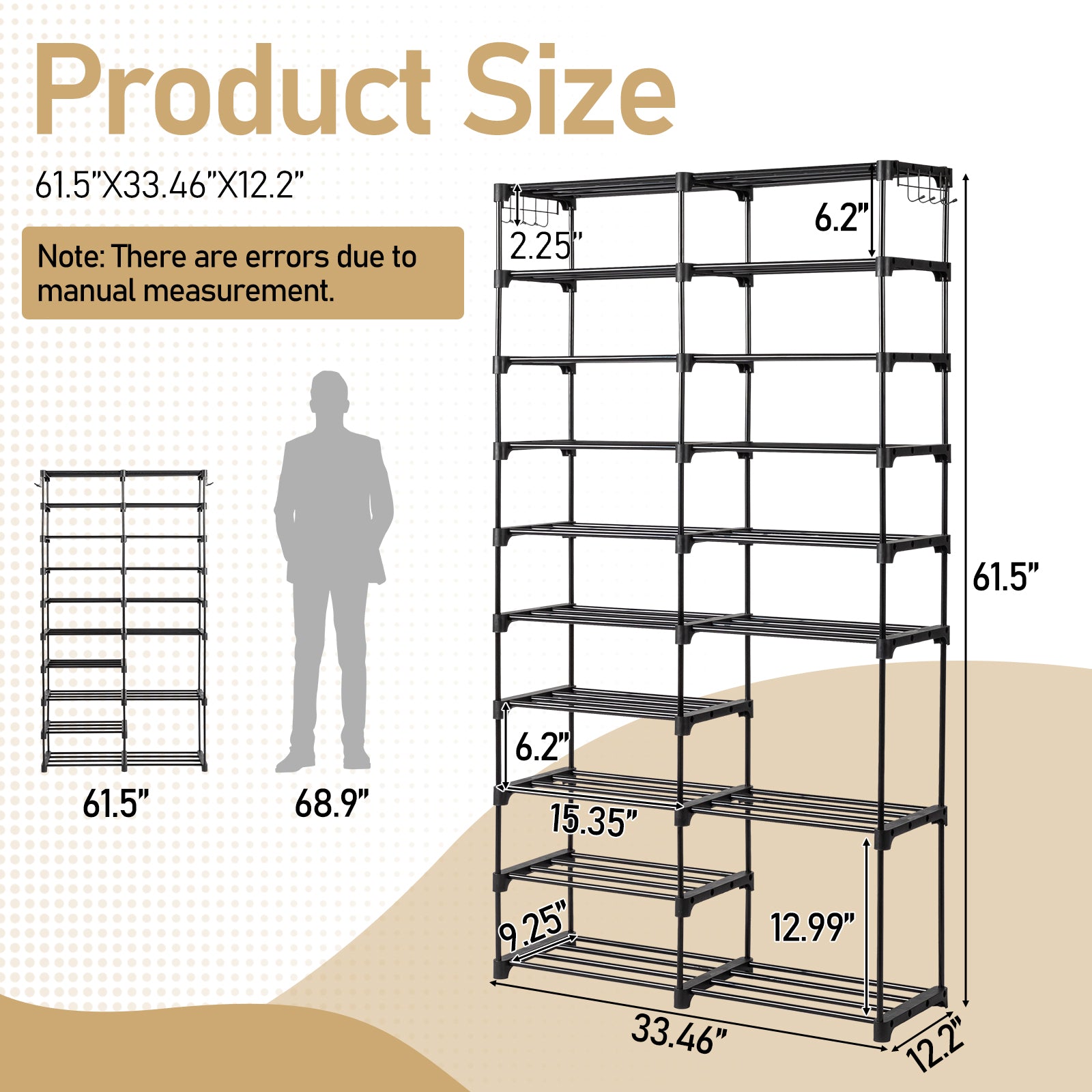 HAOYYE Double-Row 10-Tier Shoe Rack, Non-Woven Fabric Shelves with Sturdy Iron Pipe Frame, Black, Space-Saving Shoe Storage Organizer with PP Pads for Stability, Ideal for Entryway, Closet, and Bedroom