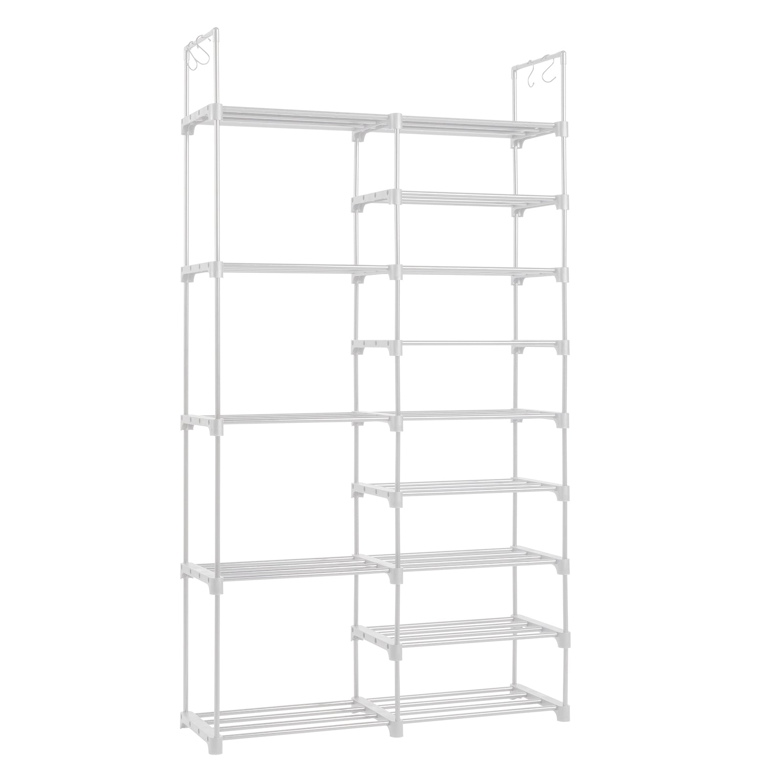 HAOYYE Double-Row 9-Tier Shoe Rack, Non-Woven Fabric Shelves with Sturdy Iron Pipe Frame, White , Space-Saving Shoe Storage Organizer with PP Pads for Stability, Ideal for Entryway, Closet, and Bedroom