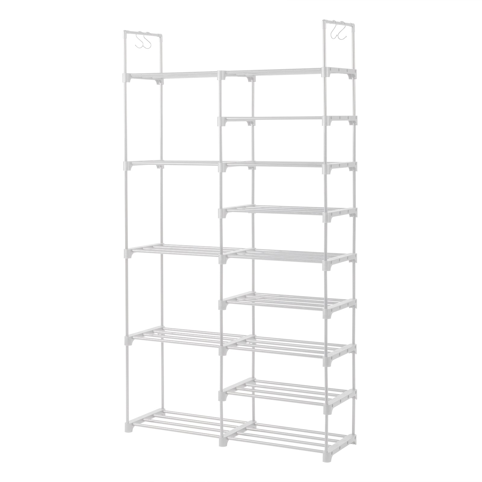 HAOYYE Double-Row 9-Tier Shoe Rack, Non-Woven Fabric Shelves with Sturdy Iron Pipe Frame, White , Space-Saving Shoe Storage Organizer with PP Pads for Stability, Ideal for Entryway, Closet, and Bedroom