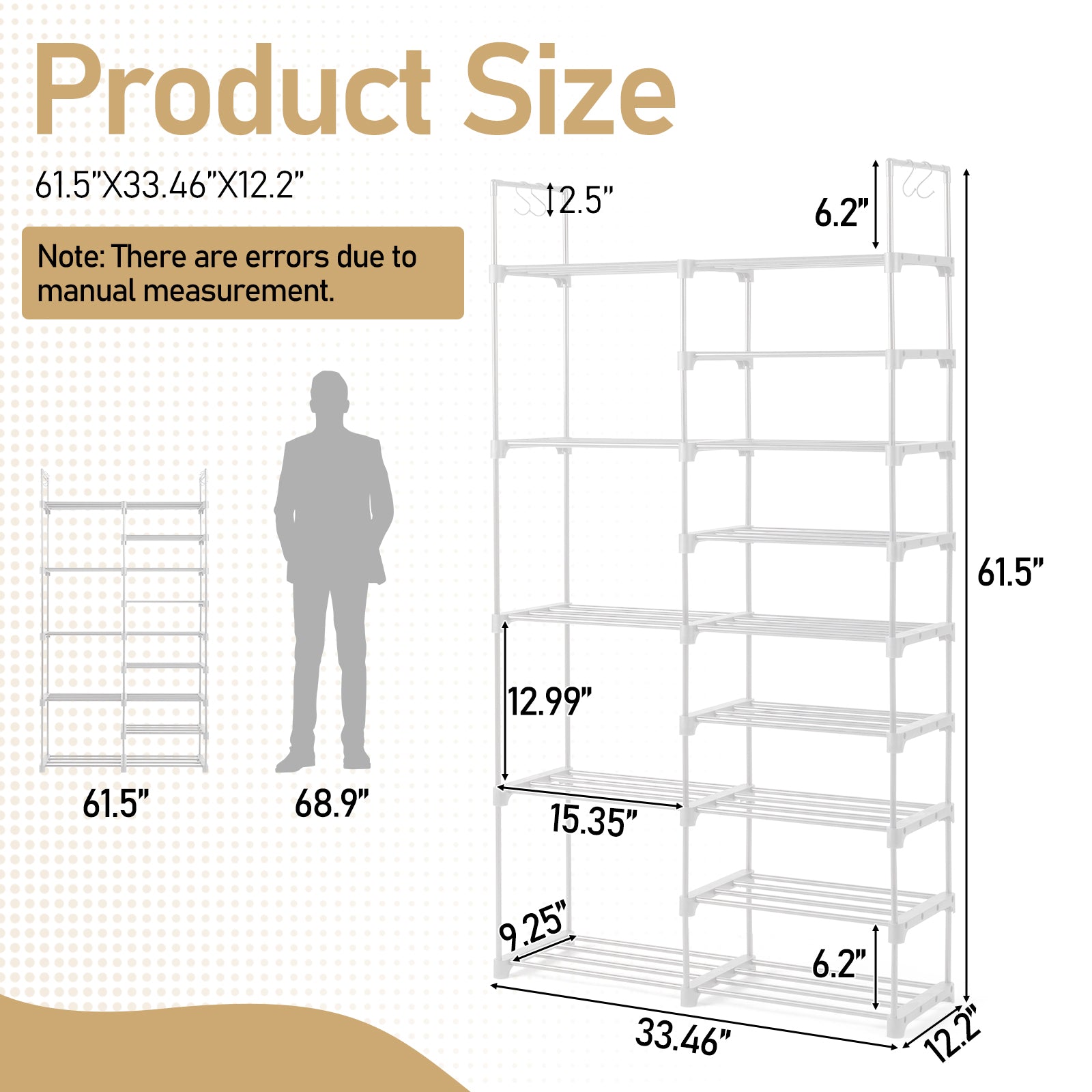 HAOYYE Double-Row 9-Tier Shoe Rack, Non-Woven Fabric Shelves with Sturdy Iron Pipe Frame, White , Space-Saving Shoe Storage Organizer with PP Pads for Stability, Ideal for Entryway, Closet, and Bedroom