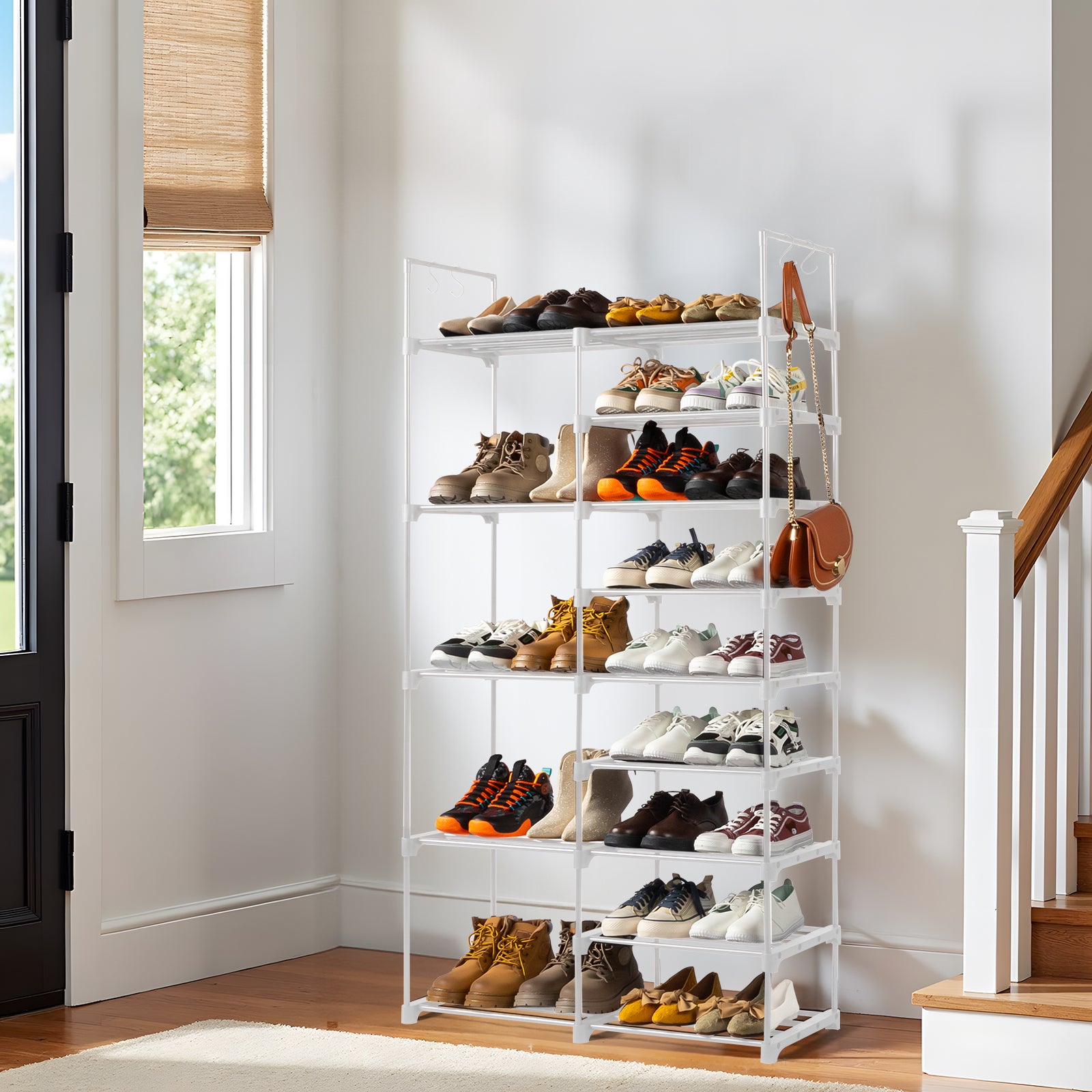 HAOYYE Double-Row 9-Tier Shoe Rack, Non-Woven Fabric Shelves with Sturdy Iron Pipe Frame, White , Space-Saving Shoe Storage Organizer with PP Pads for Stability, Ideal for Entryway, Closet, and Bedroom