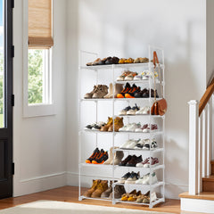HAOYYE Double-Row 9-Tier Shoe Rack, Non-Woven Fabric Shelves with Sturdy Iron Pipe Frame, White , Space-Saving Shoe Storage Organizer with PP Pads for Stability, Ideal for Entryway, Closet, and Bedroom