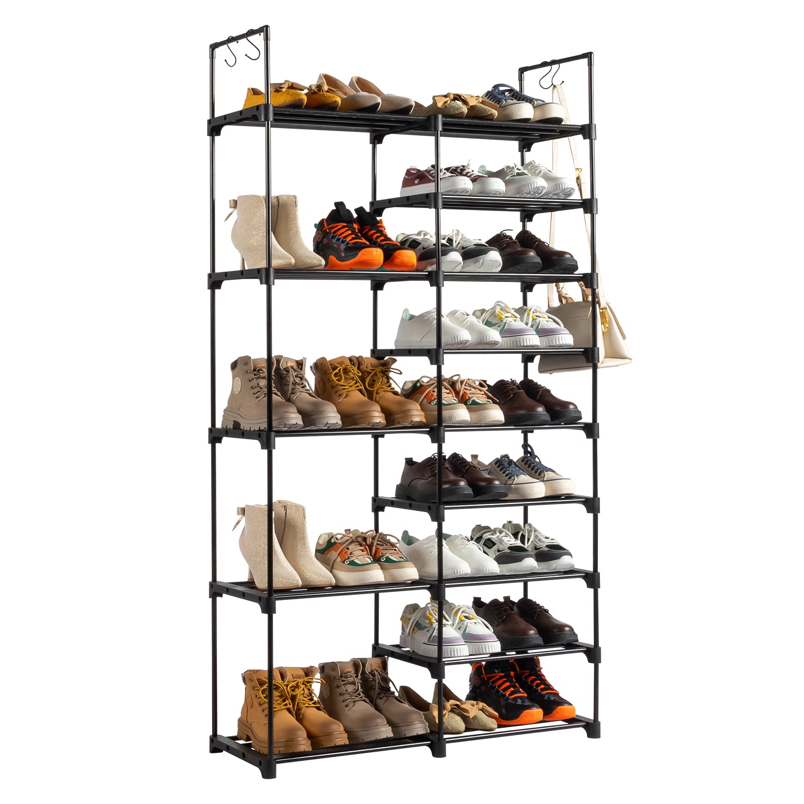 HAOYYE Double-Row 9-Tier Shoe Rack, Non-Woven Fabric Shelves with Sturdy Iron Pipe Frame, Black , Space-Saving Shoe Storage Organizer with PP Pads for Stability, Ideal for Entryway, Closet, and Bedroom