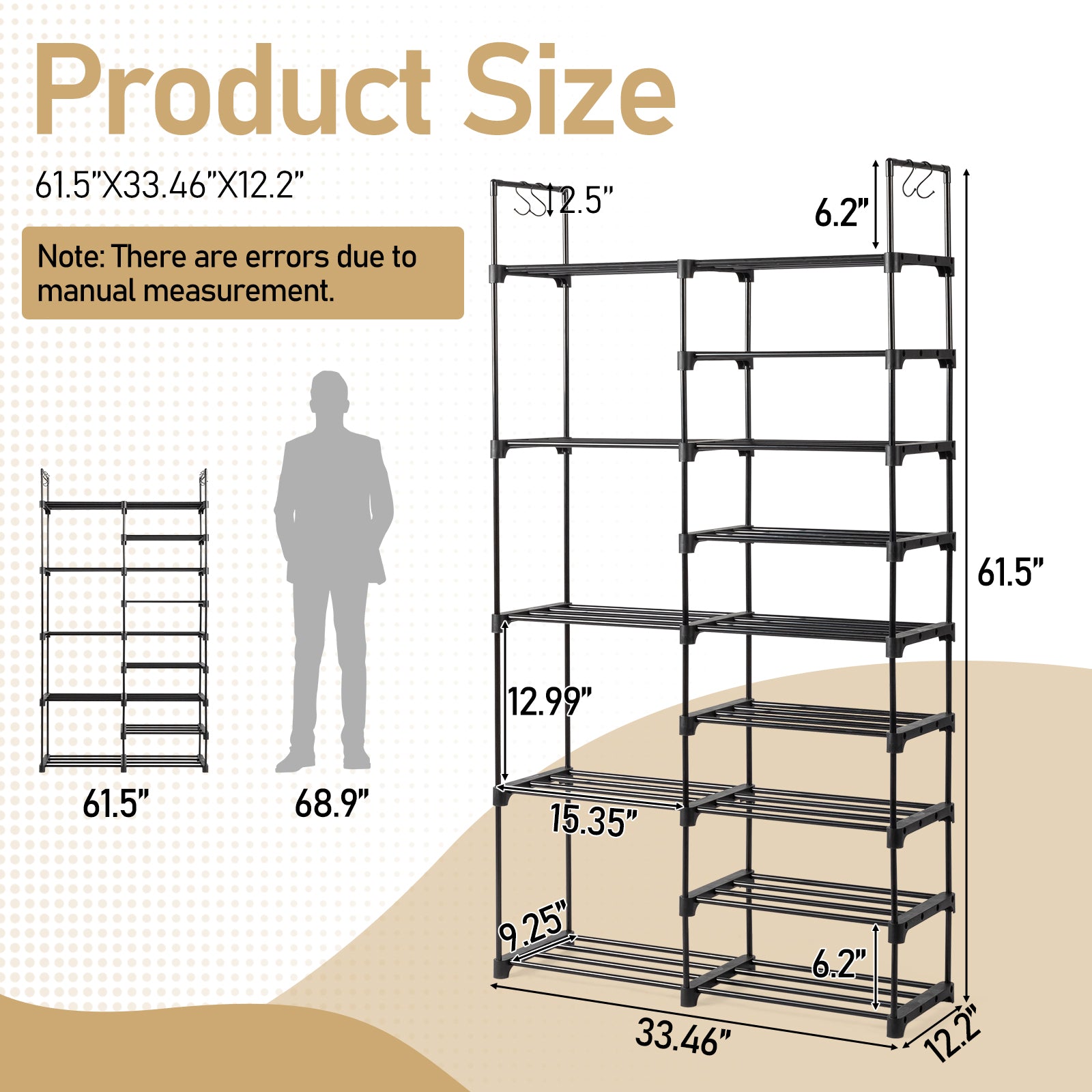 HAOYYE Double-Row 9-Tier Shoe Rack, Non-Woven Fabric Shelves with Sturdy Iron Pipe Frame, Black , Space-Saving Shoe Storage Organizer with PP Pads for Stability, Ideal for Entryway, Closet, and Bedroom