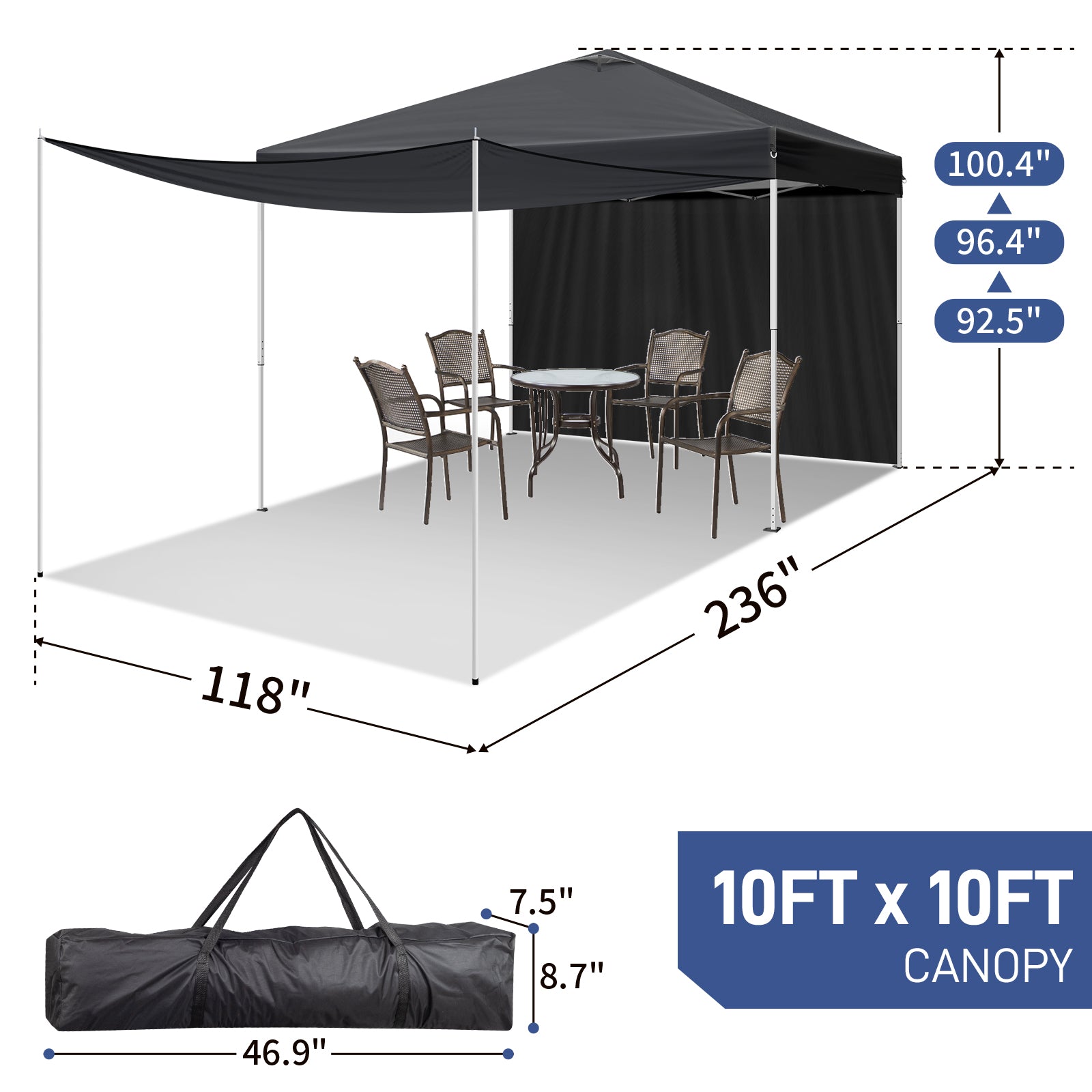 HAOYYE 10x10ft Dark Grey Pop Up Canopy Tent with 2 Removable Sidewalls and 4 Steel Support Poles Waterproof Oxford Fabric Folding Gazebo with White Powder Coated Frame Portable Outdoor Shelter for Patio Garden Party and Market Use