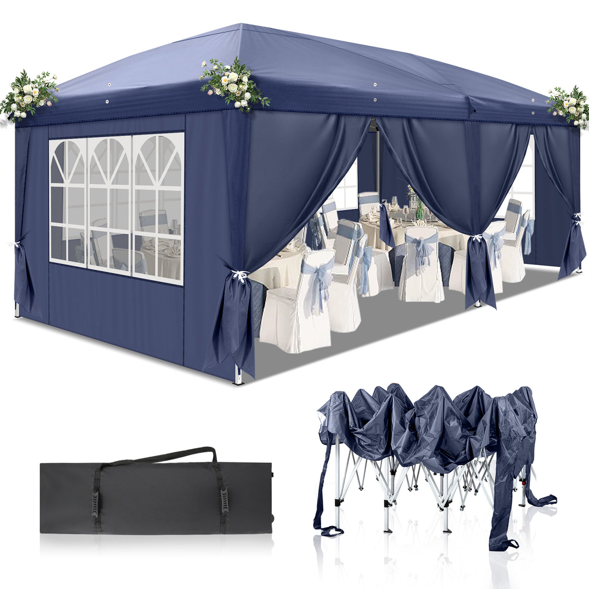 Haoyye 10x20ft Waterproof Folding Tent with Four Windows and Removable Sidewalls Outdoor Canopy Shelter with Steel Frame Portable Event Tent for Backyard Camping Picnic Party Market Easy Setup